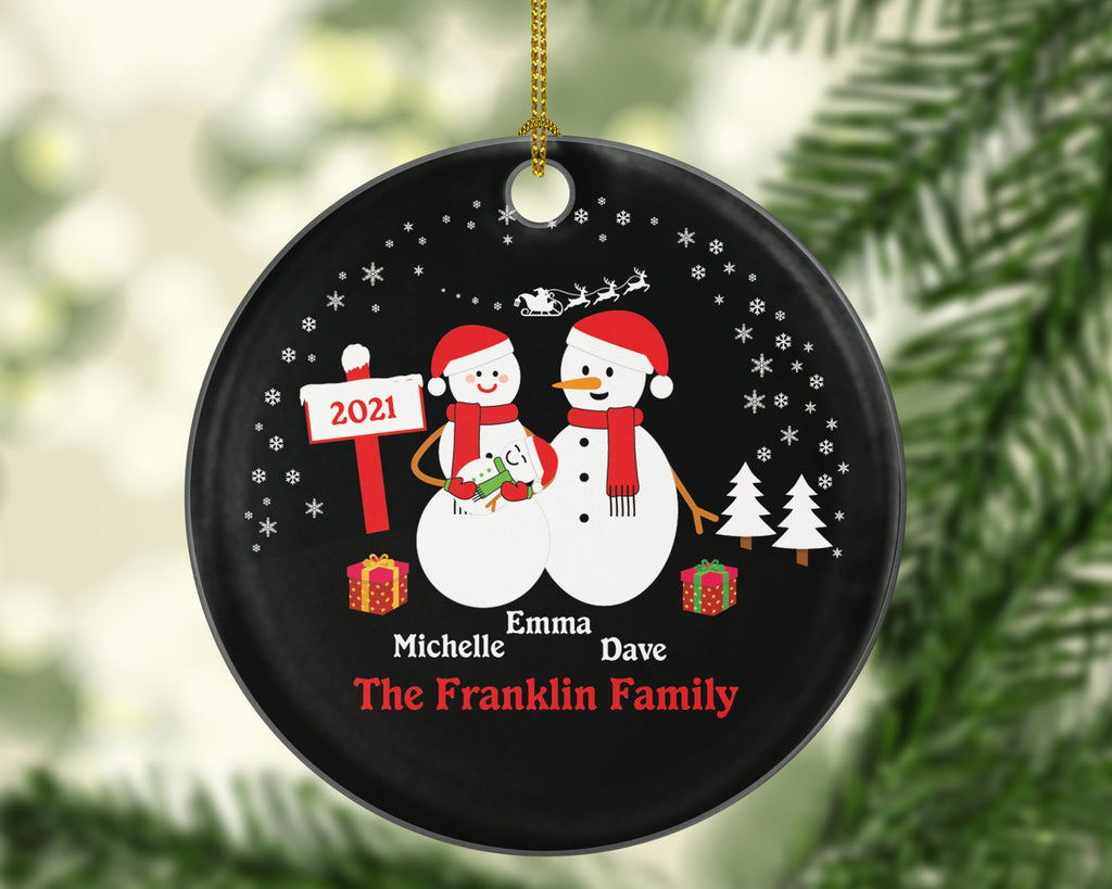 Personalized Family of 3 Three Christmas Snow Snowmen Snowman Kids Children Mom Dad New Mommy Daddy Baby Girl Boy Father Mother Newborn