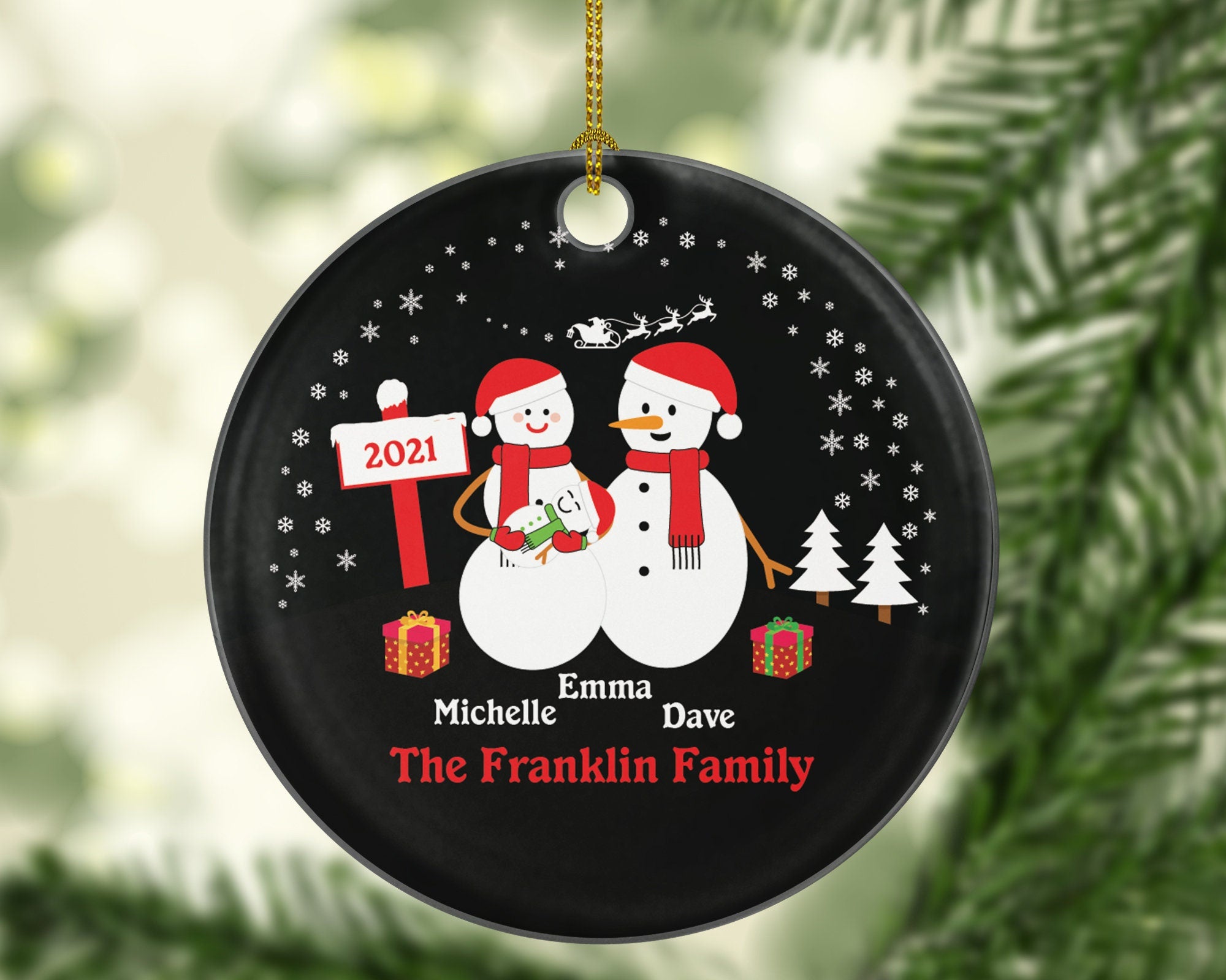 Personalized Family of 3 Three Christmas Snow Snowmen Snowman Kids Children Mom Dad New Mommy Daddy Baby Girl Boy Father Mother Newborn