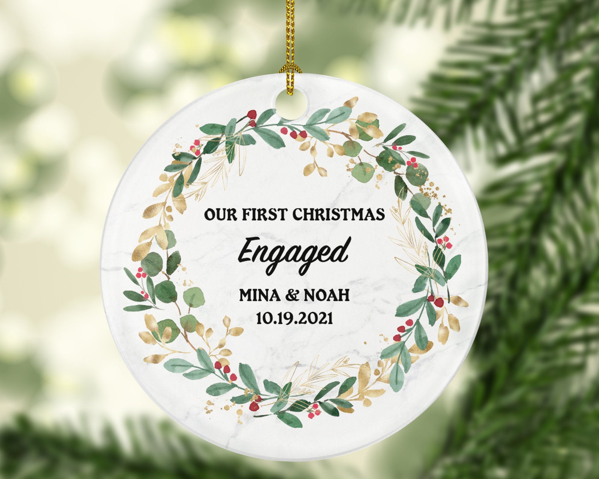 First Christmas Engaged Personalized Ornament - Engagement Announcement Couple Gift - Greenery Frame