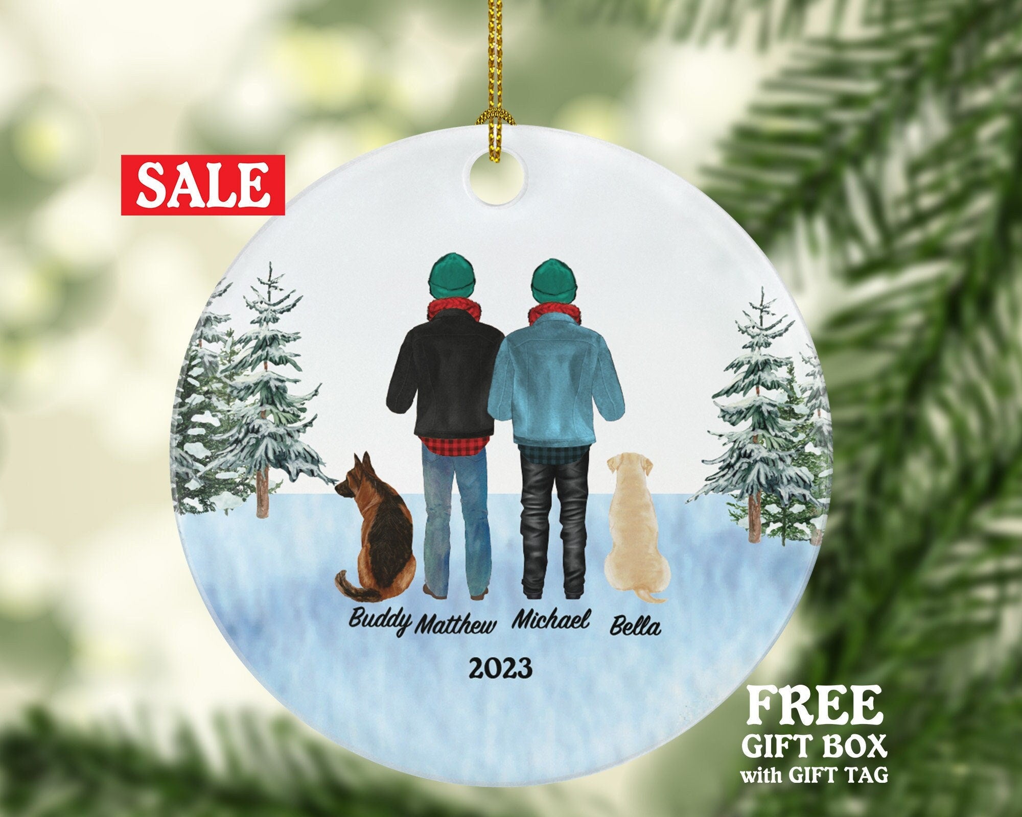 Gay Couple with Dog Cat Pet Christmas Ornament Personalized Lover Portrait Present for LGBTQ Love is Same Sex Mr and Mr. Bird Horse Rabbit