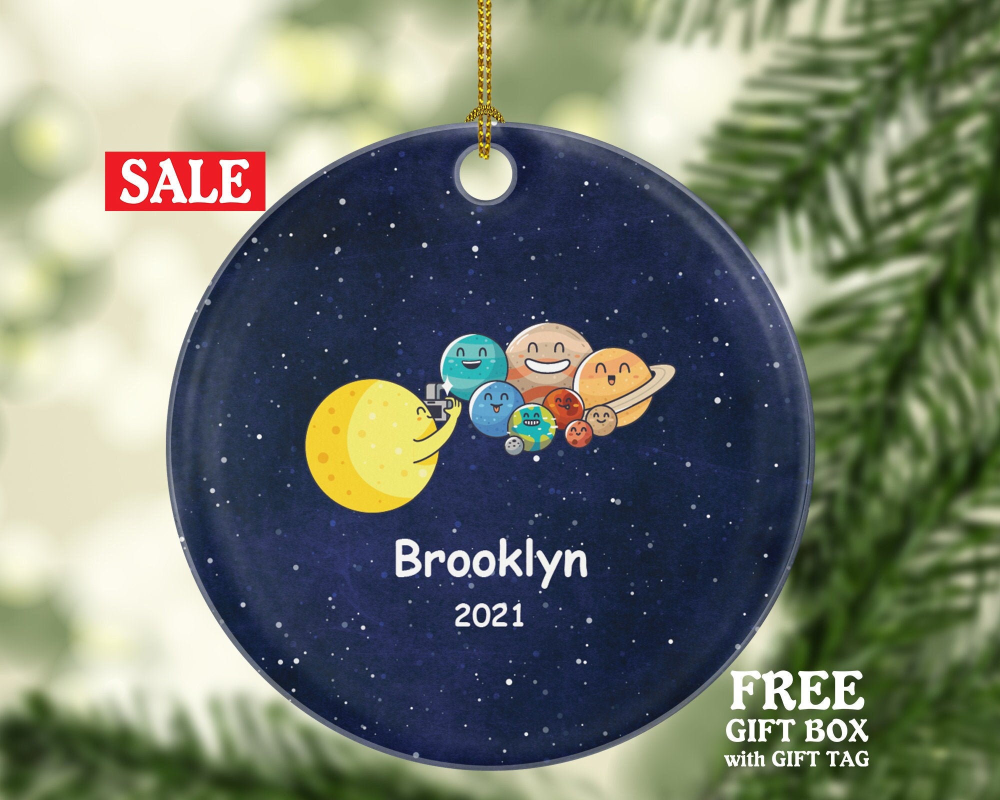 Solar System Funny Christmas Ornament Personalized, Sun Photo Shoot Planets Custom Gift with Name