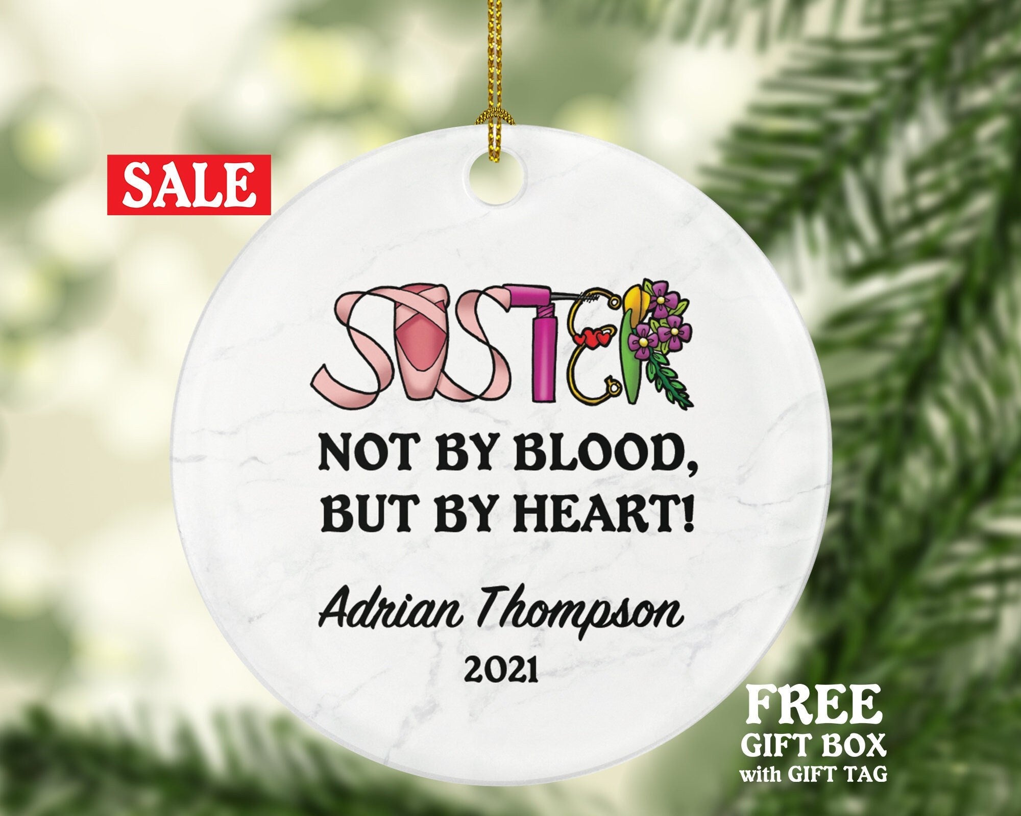 Sister, Best Friend Christmas Ornament Personalized - Besties Soul Sisters Custom Gift for BFF Big Little Sister Not By Blood But By Heart