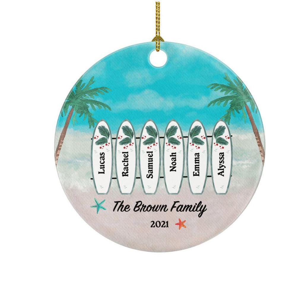 Surfboard Family Personalized Christmas Ornament - Family of 3 4 5 6 Surf board Three Four Five Six Custom Name Palm Tree Beach Sea