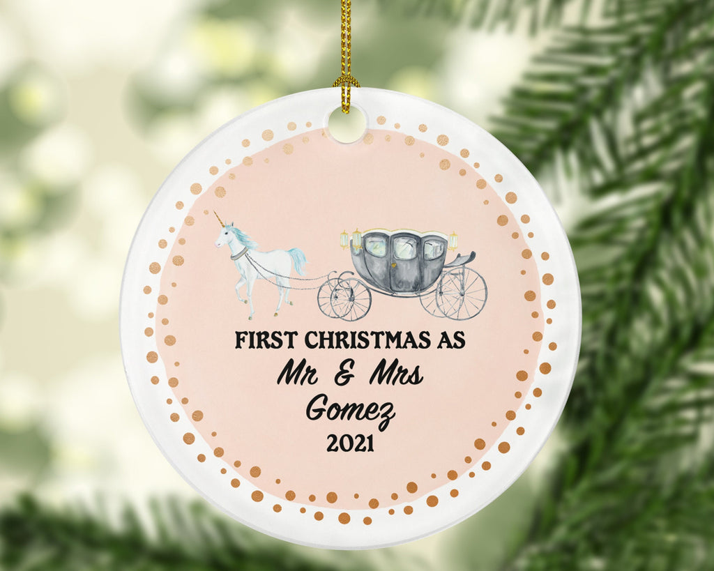 First Christmas Mr & Mrs Wedding Ornament Personalized - Just Married Phaeton with Horse Carriage Vintage Wedding Gift Couple Newlywed Bride