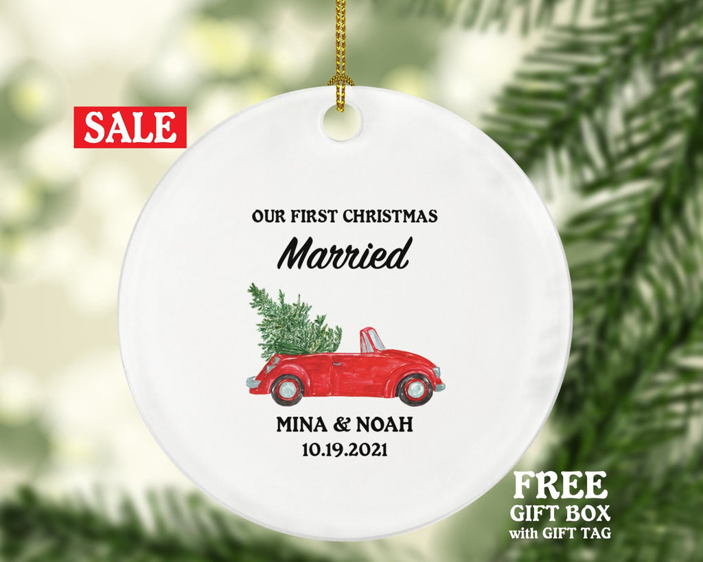 First Christmas Married Christmas Ornament - Personalized As Mr & Mrs Newlywed Wedding First Gift for Wedding Convertible Red Car Ornament
