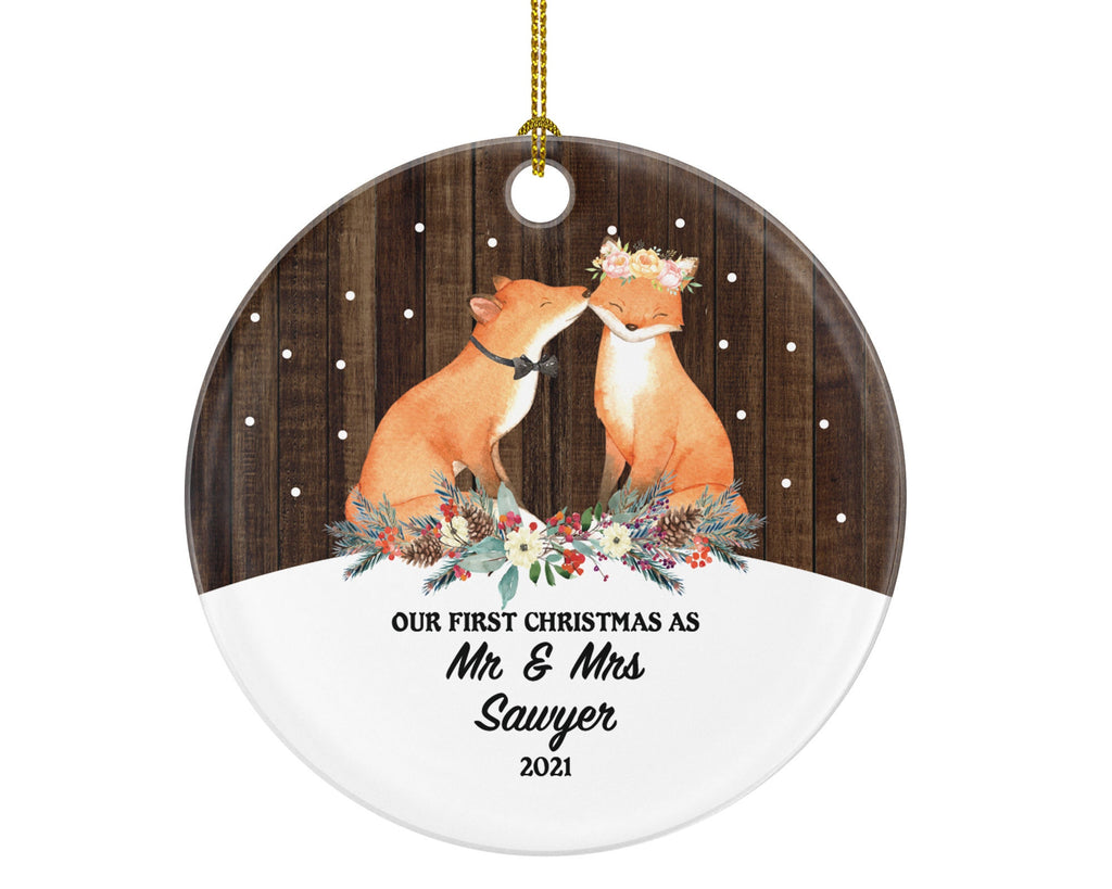 Personalized Our First Christmas as Mr & Mrs Ornament - Just Married Newlywed Wedding Bride Groom Love Couple Mr. and Mrs. Present Foxes