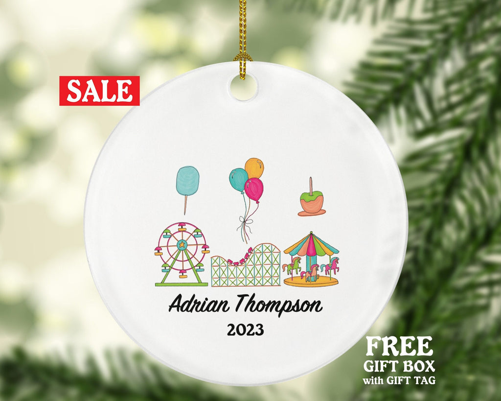 Amusement Park Christmas Ornament - Personalized Theme Park Worker Gift - Carousel Roller Coaster Ferris Wheel Fairgrounds Vacation Travel