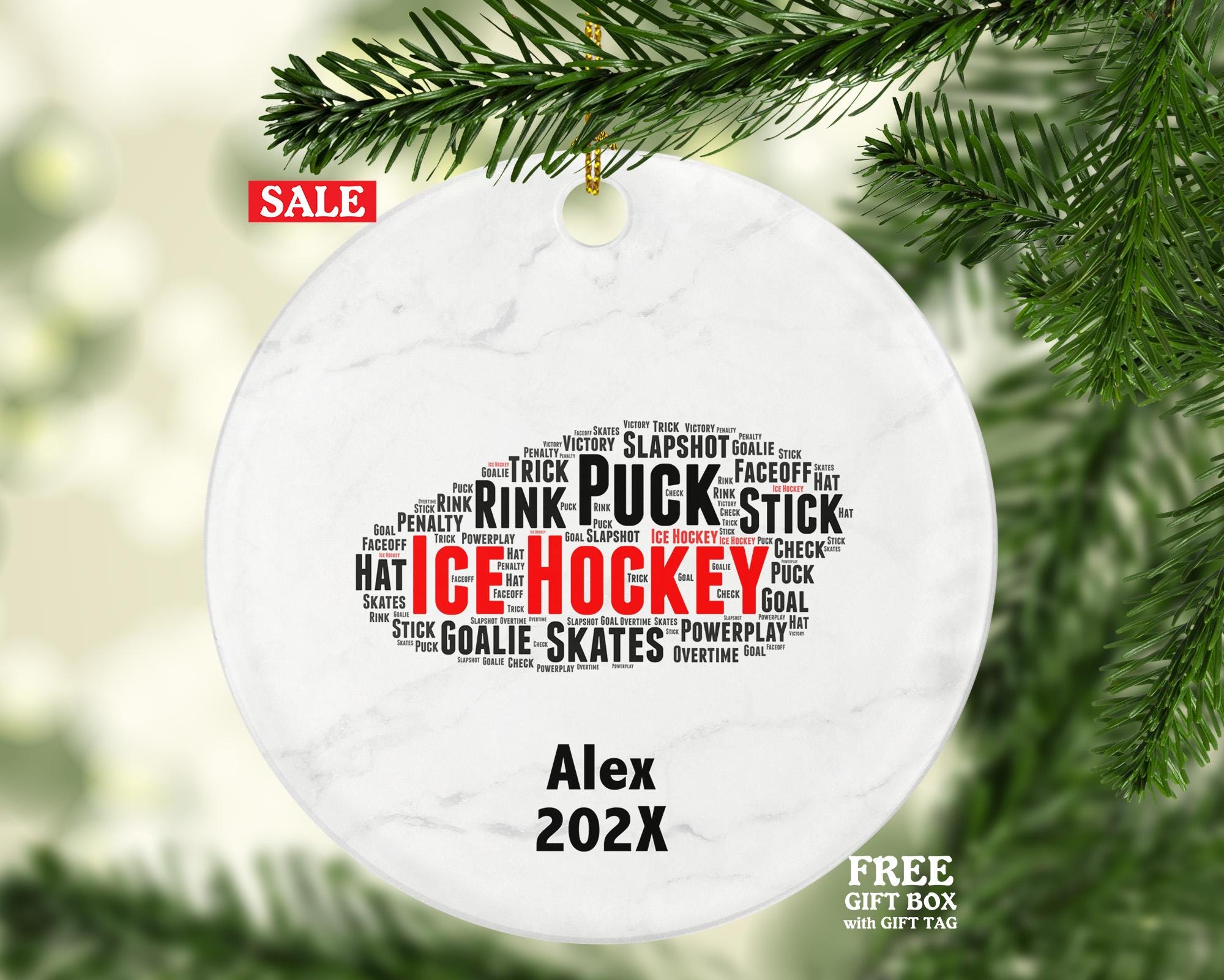 Personalized Ice Hockey Christmas Ornament – Custom Sports Gift – Hockey Puck Ornament – Hockey Player Holiday Keepsake