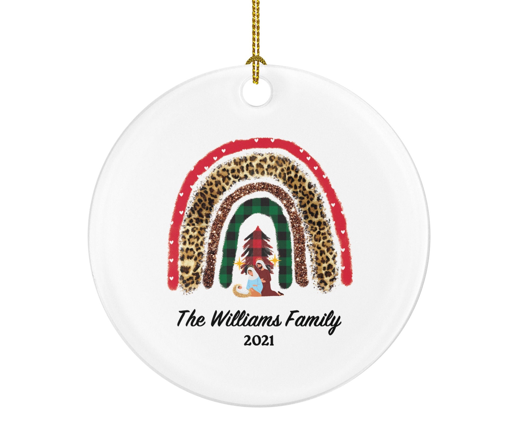 Nativity Scene with Rainbow Christmas Ornament Personalized - Custom Family Gift - Baby Jesus Ornament - Manger