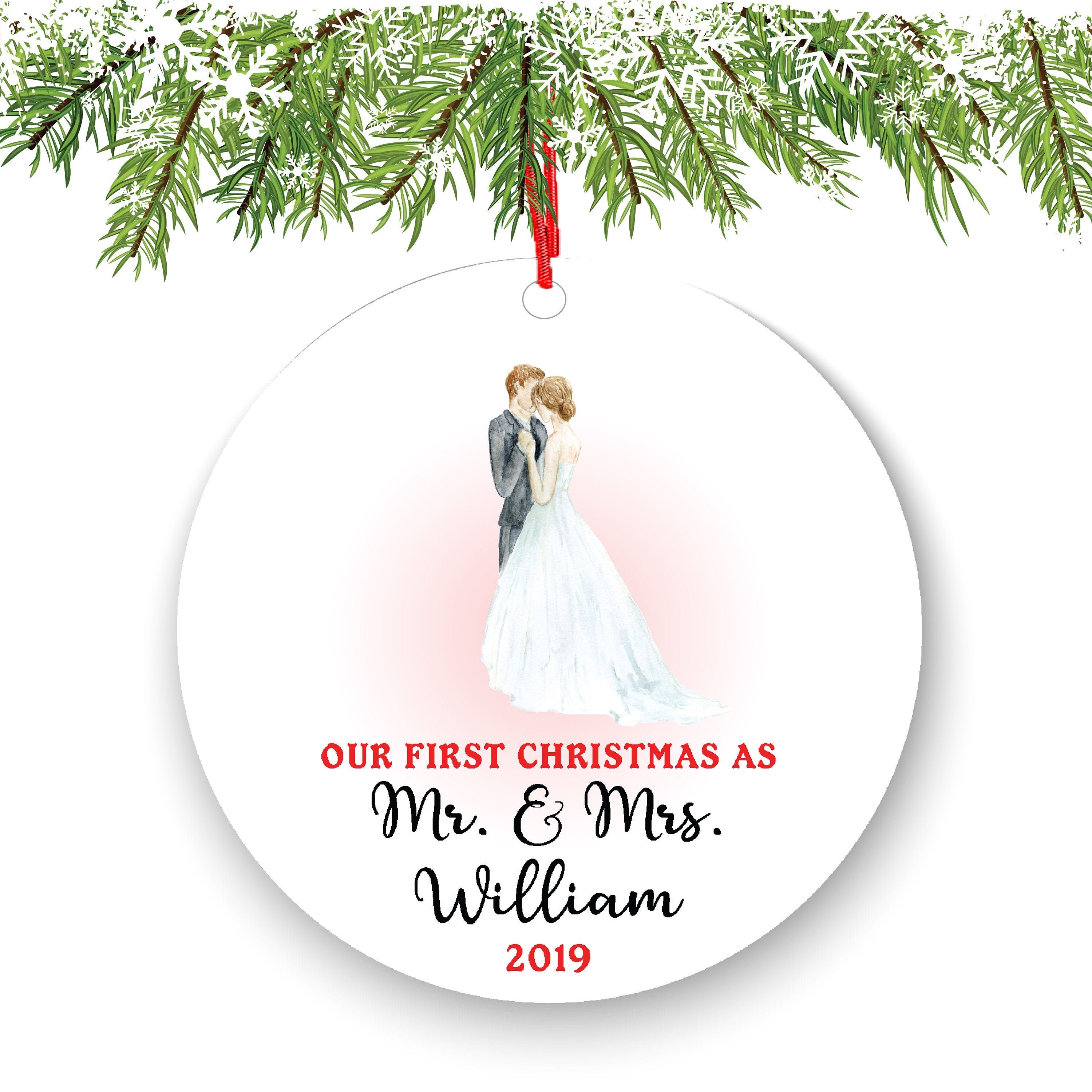 Personalized First Christmas As Mr & Mrs Bride Groom Just Married Ornament - Wedding Couple Bride and Groom - Newlyweds Watercolor