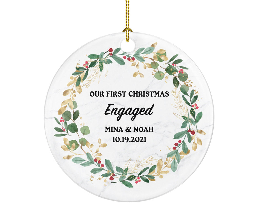 First Christmas Engaged Personalized Ornament - Engagement Announcement Couple Gift - Greenery Frame