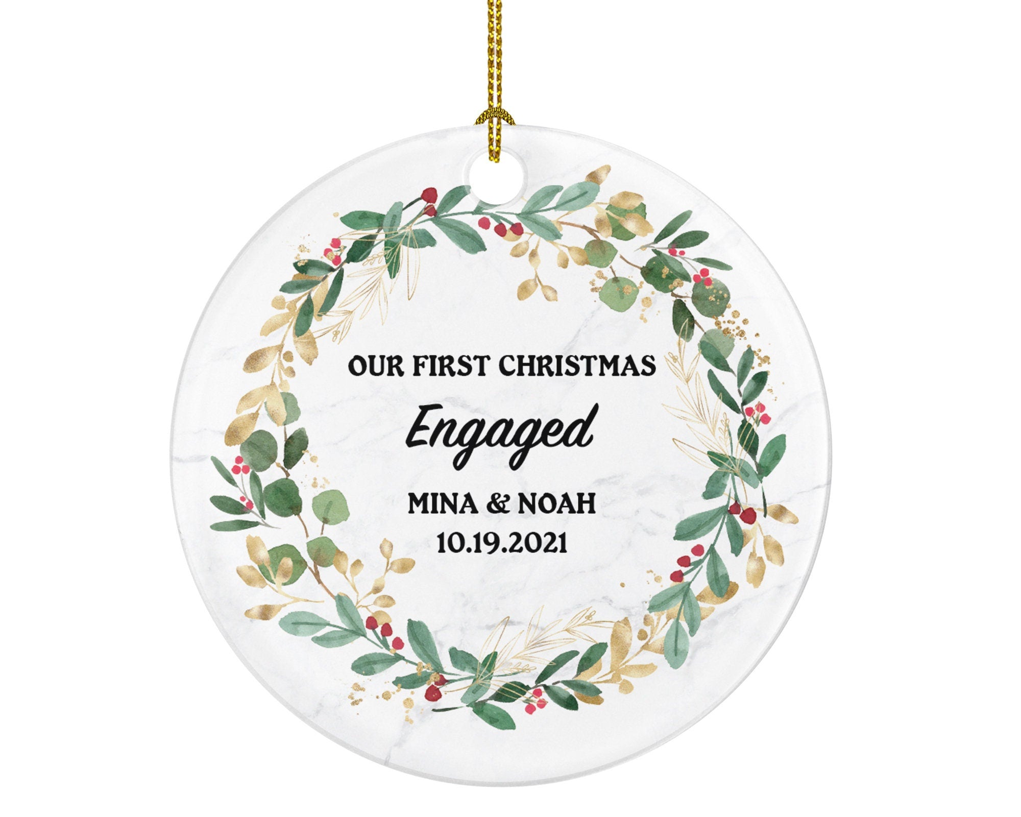 First Christmas Engaged Personalized Ornament - Engagement Announcement Couple Gift - Greenery Frame