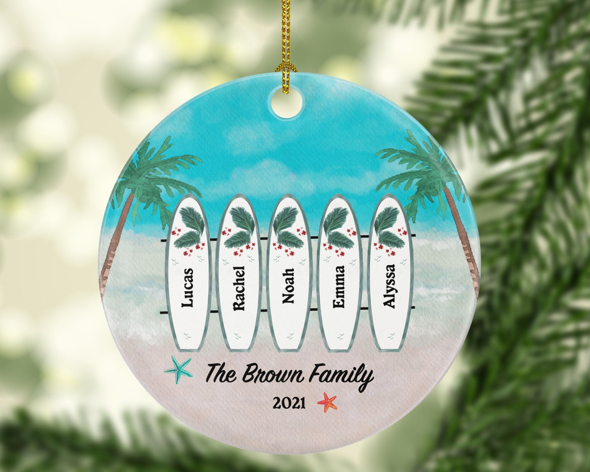 Surfboard Family Personalized Christmas Ornament - Family of 3 4 5 6 Surf board Three Four Five Six Custom Name Palm Tree Beach Sea