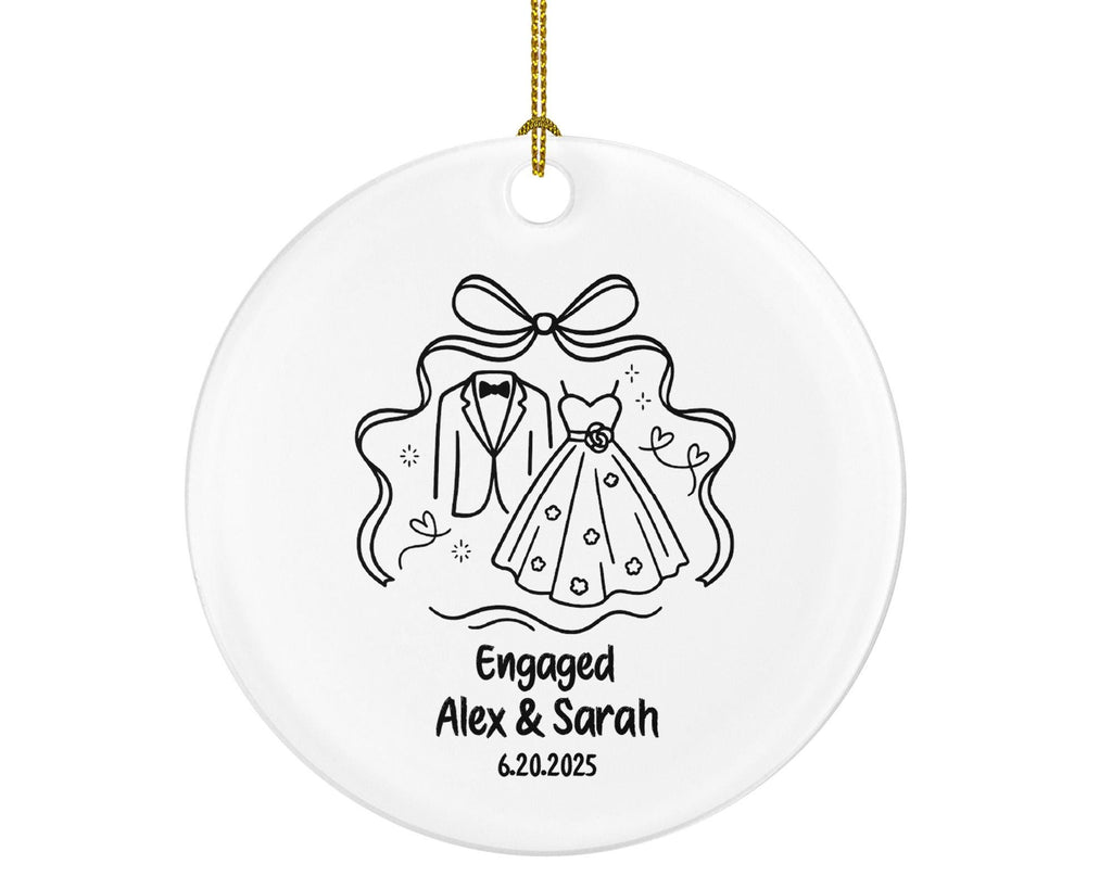 Minimalist Line Art Engagement Ornament – Bride Dress & Groom Tuxedo Design – Custom Engaged Couple Keepsake Gift