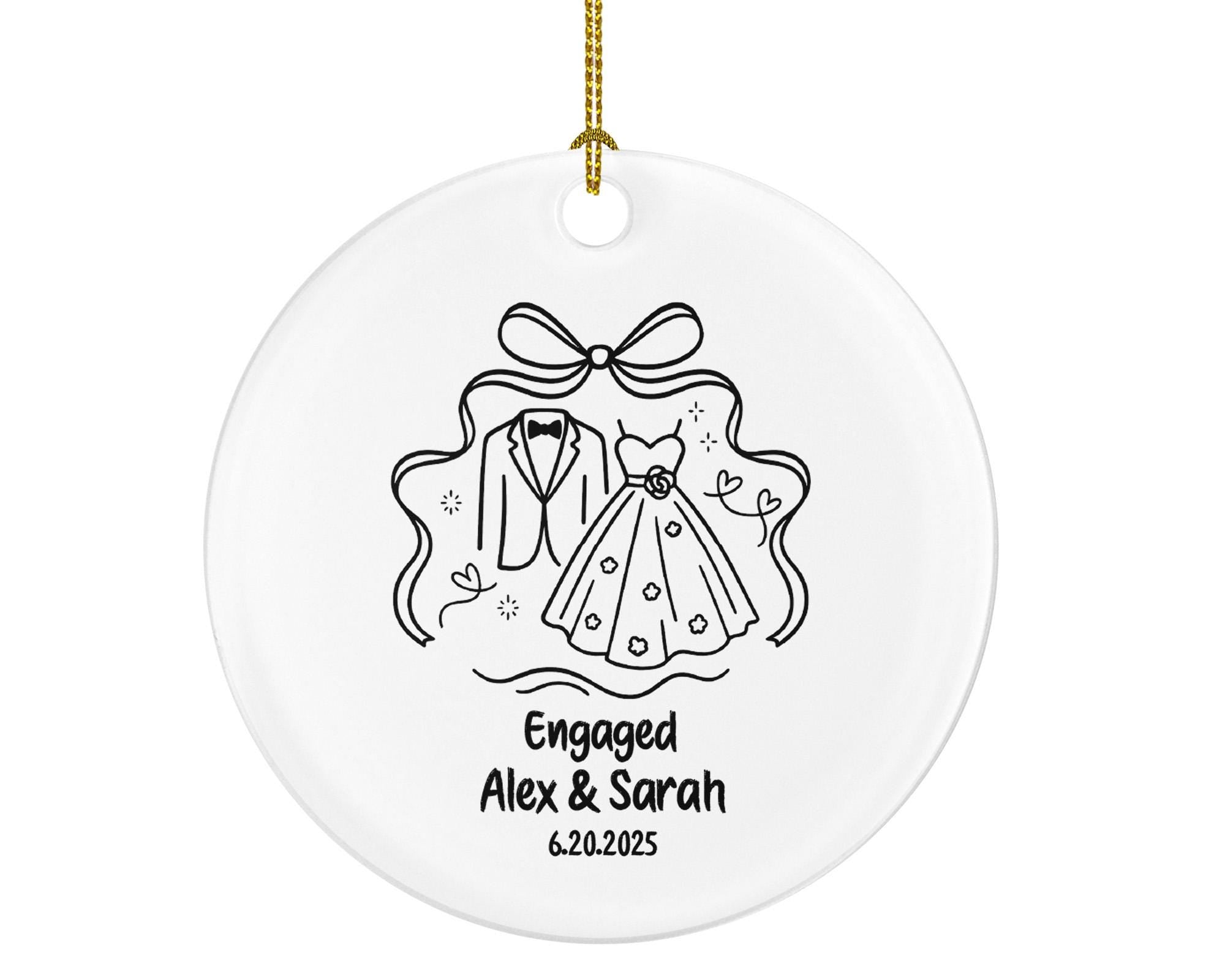 Minimalist Line Art Engagement Ornament – Bride Dress & Groom Tuxedo Design – Custom Engaged Couple Keepsake Gift