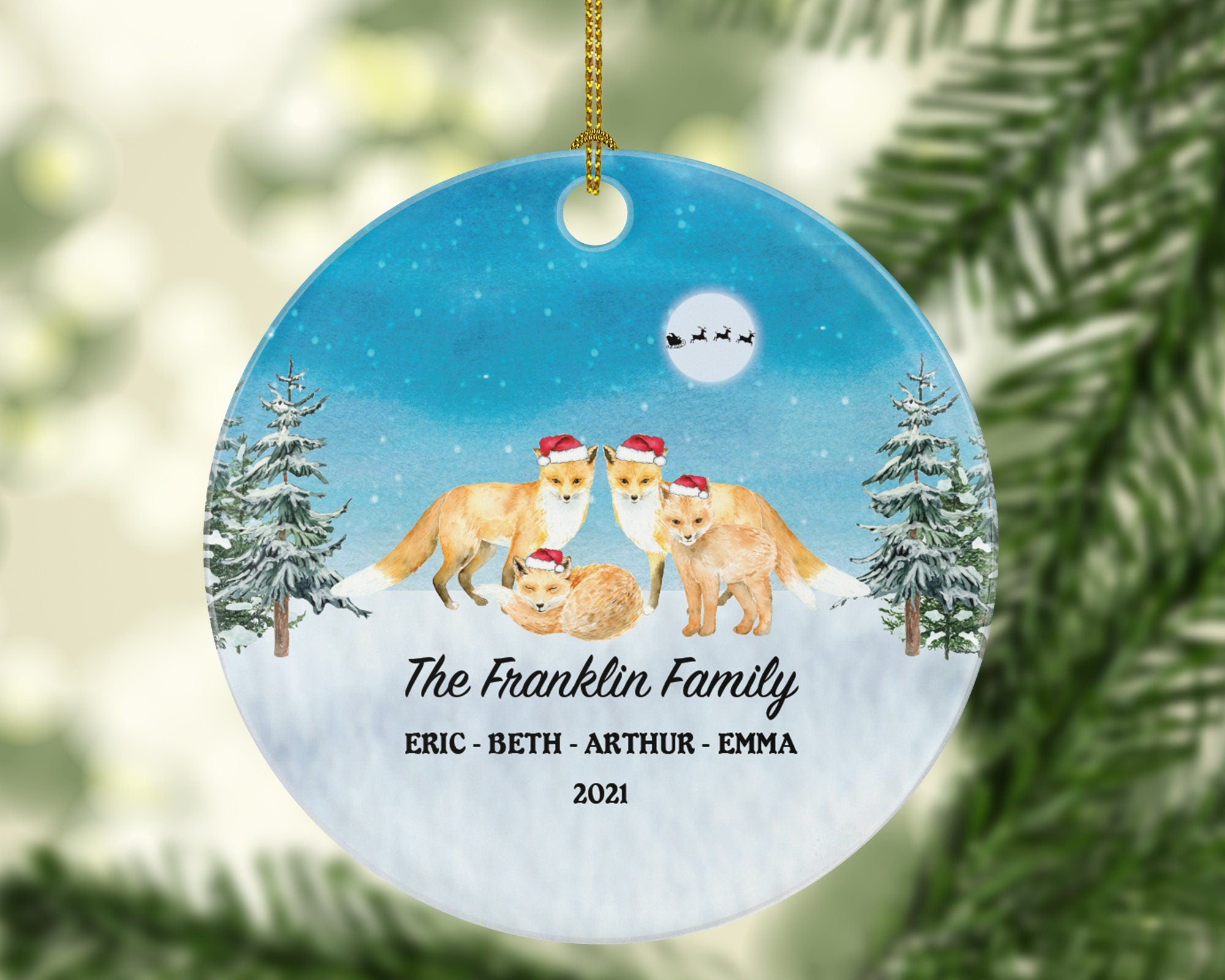 Personalized Family of 4 Christmas Ornaments Fox Foxes Family Custom Names Watercolor Family of Four First Ornament Gift for with Kids Xmas