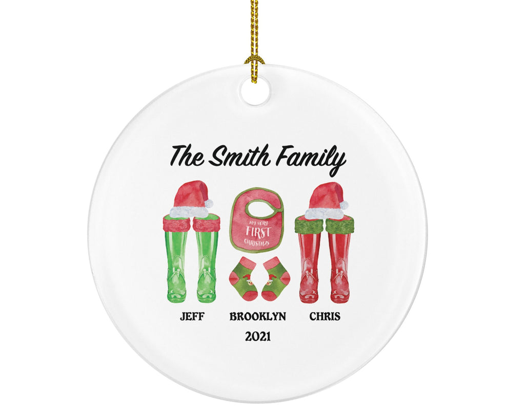 Family of 3 Christmas Ornament Personalized - New Parents Mother Father Child Girl Boy Mom Dad of Infant Newborn Baby Gift - Boots, Hats