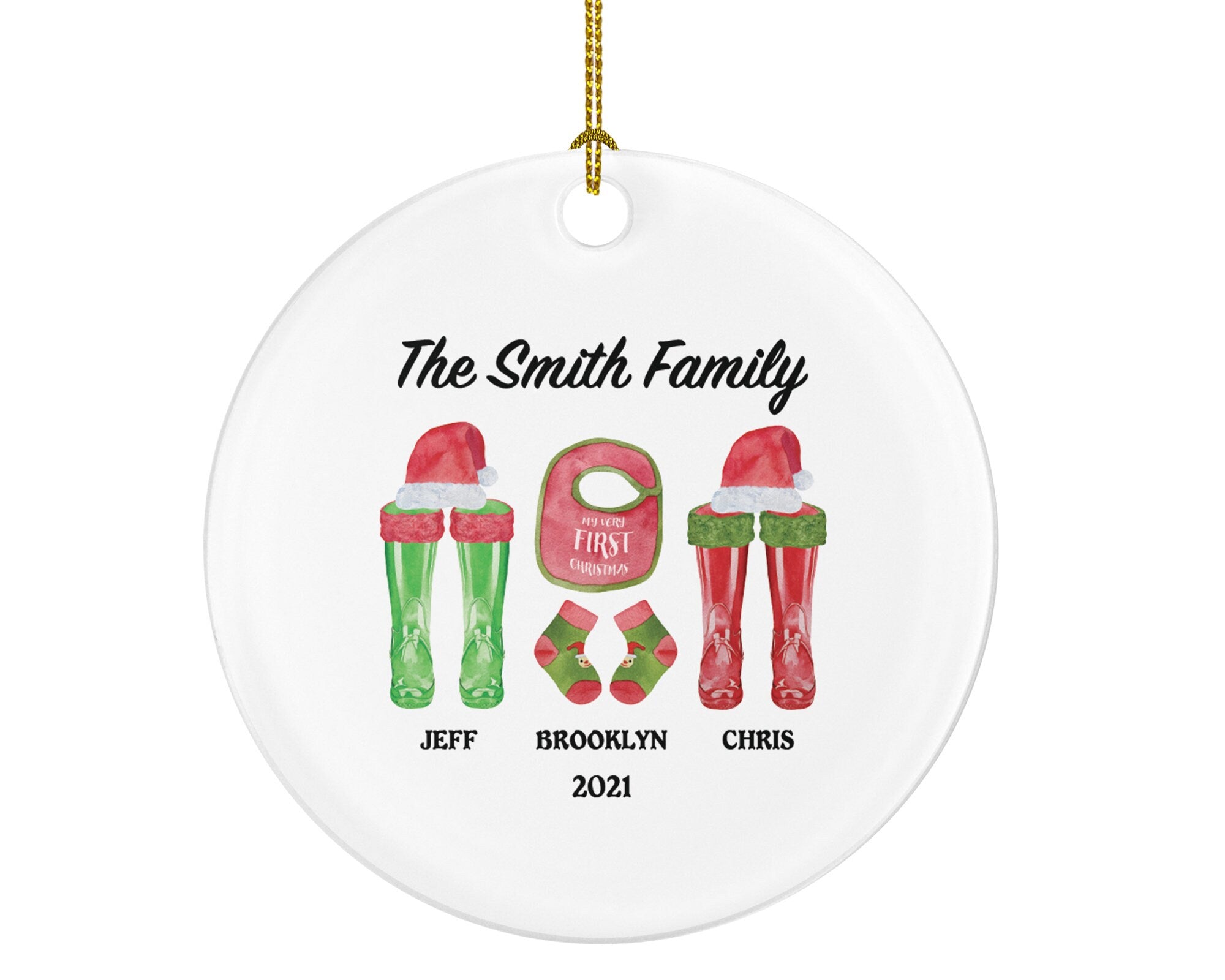 Family of 3 Christmas Ornament Personalized - New Parents Mother Father Child Girl Boy Mom Dad of Infant Newborn Baby Gift - Boots, Hats