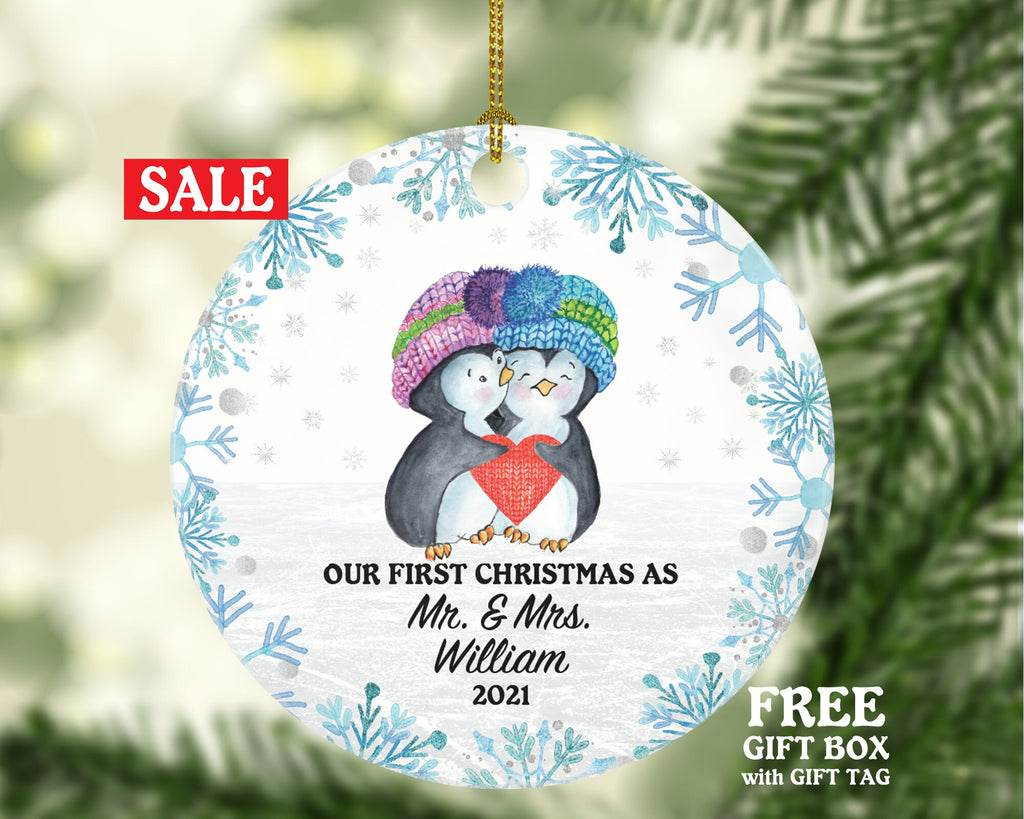 Our First Christmas as Mr & Mrs Couple Personalized Ornament - Newlywed Mr. and Mrs. Wedding Penguin Couple Just Married Marriage Gift