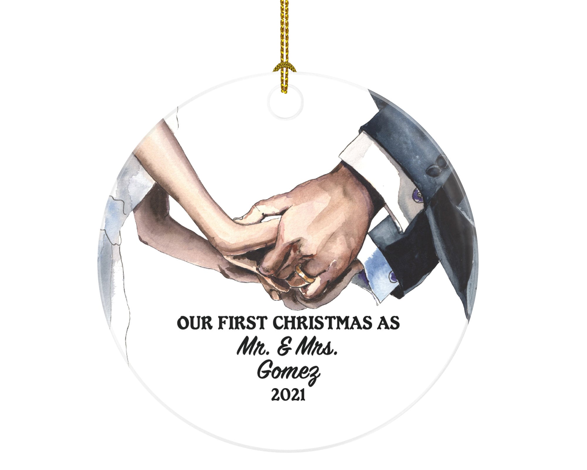 Our First Christmas as Mr & Mrs Couple Personalized Ornament - Newlywed Mr. and Mrs. Wedding Couple Hands Just Married Marriage Gift