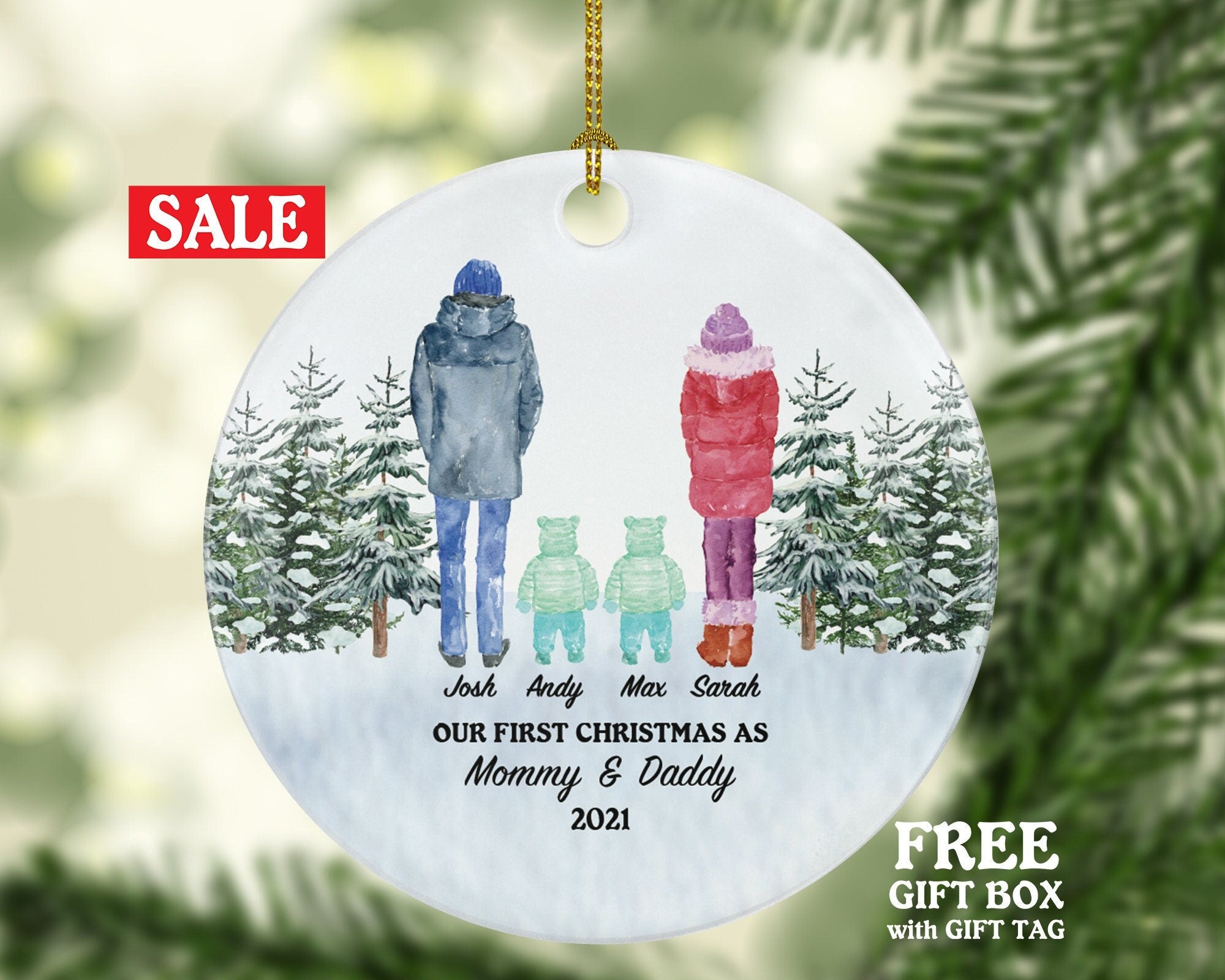 First Christmas as Mommy and Daddy of Twins Ornament - New Babies Parents Mother Father Mom Dad Gift Kid Child Our Family of 4