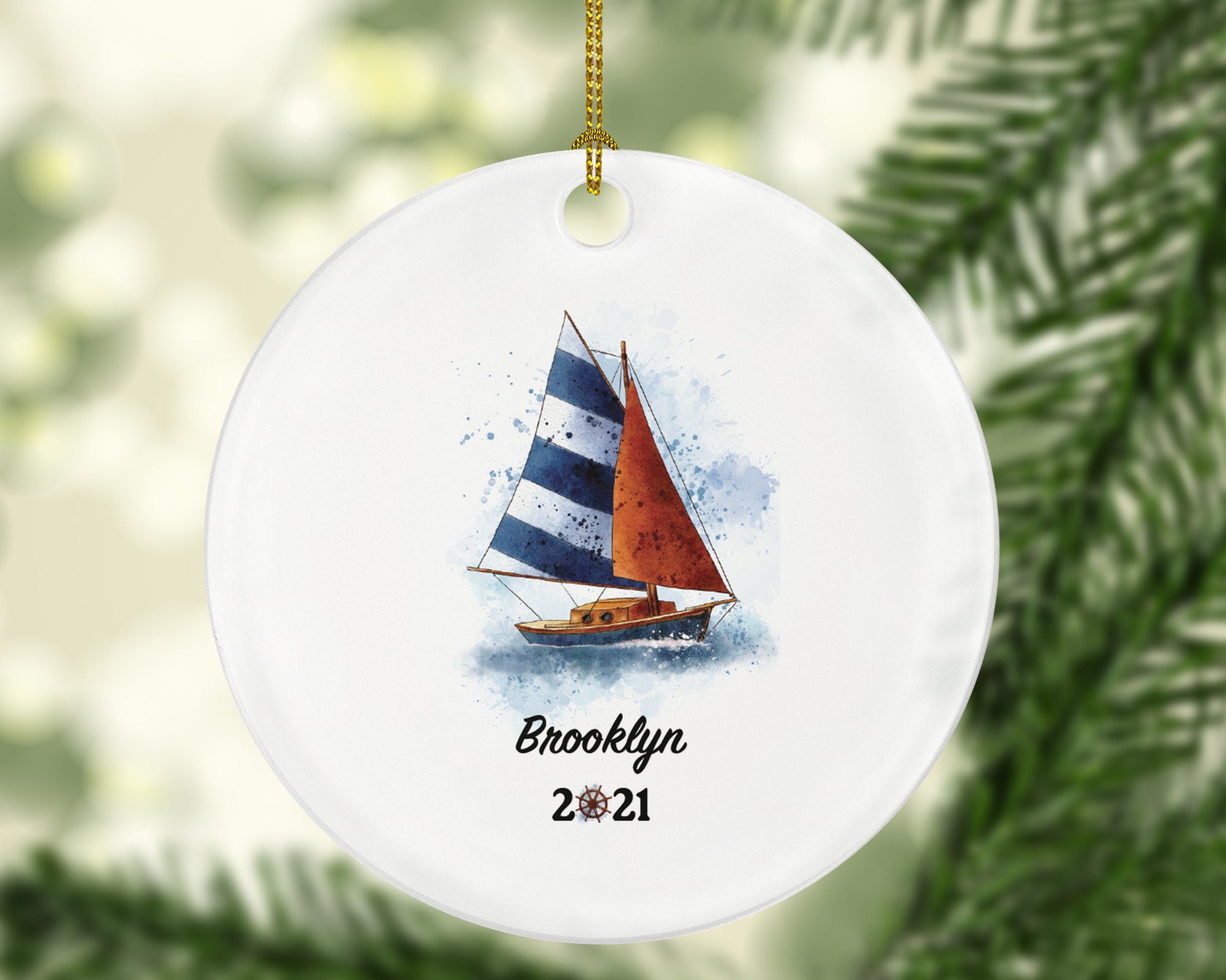 Sailboat Christmas Ornament - Personalized Sailor Custom Sailing Family Boat Gift for Captain