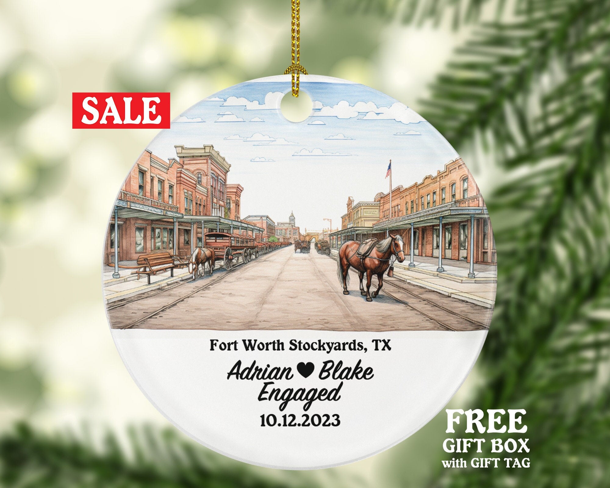 Fort Worth Stockyards Texas Christmas Ornament Personalized - TX Engaged Married Family Together Couple Travel Honeymoon Engagement Marriage