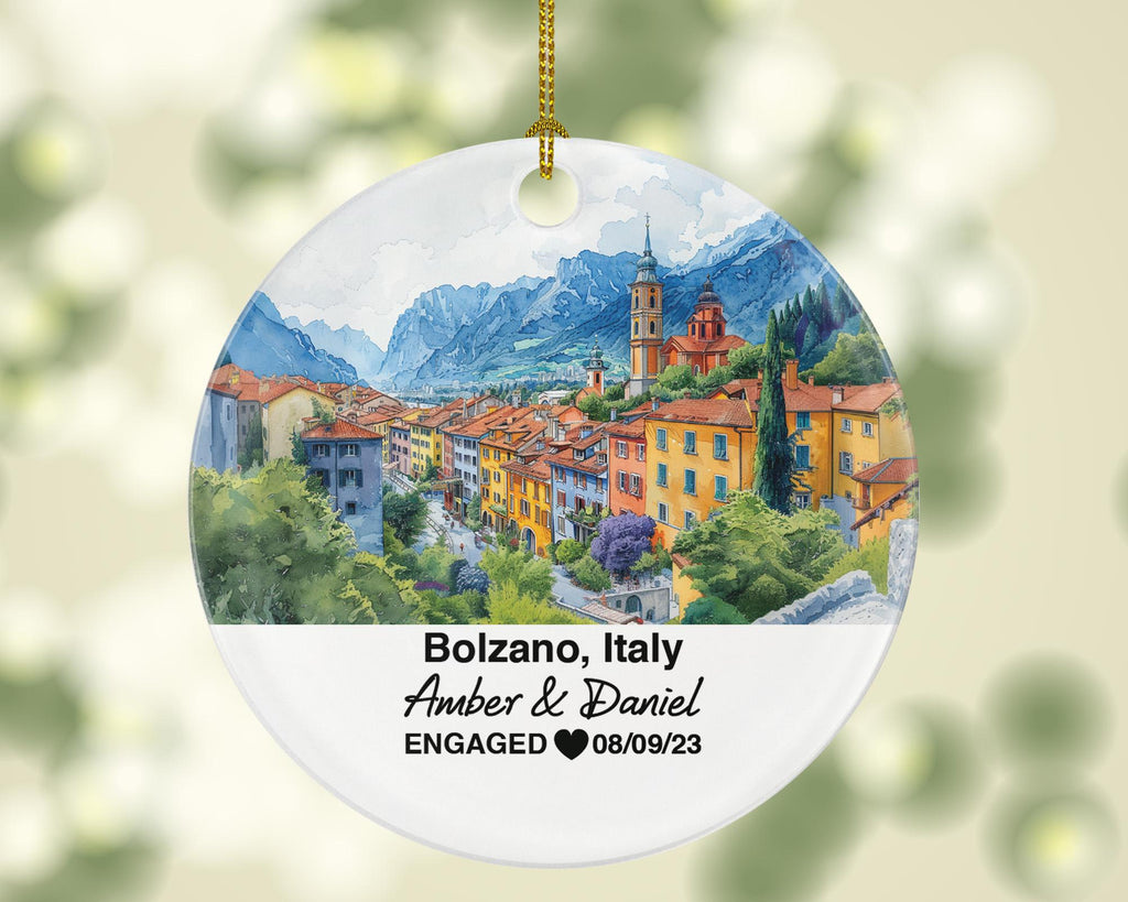 Personalized Bolzano Italy Christmas Ornament, Medieval Architecture, Wedding, Engagement, Mr & Mrs or Honeymoon Keepsake for Couples