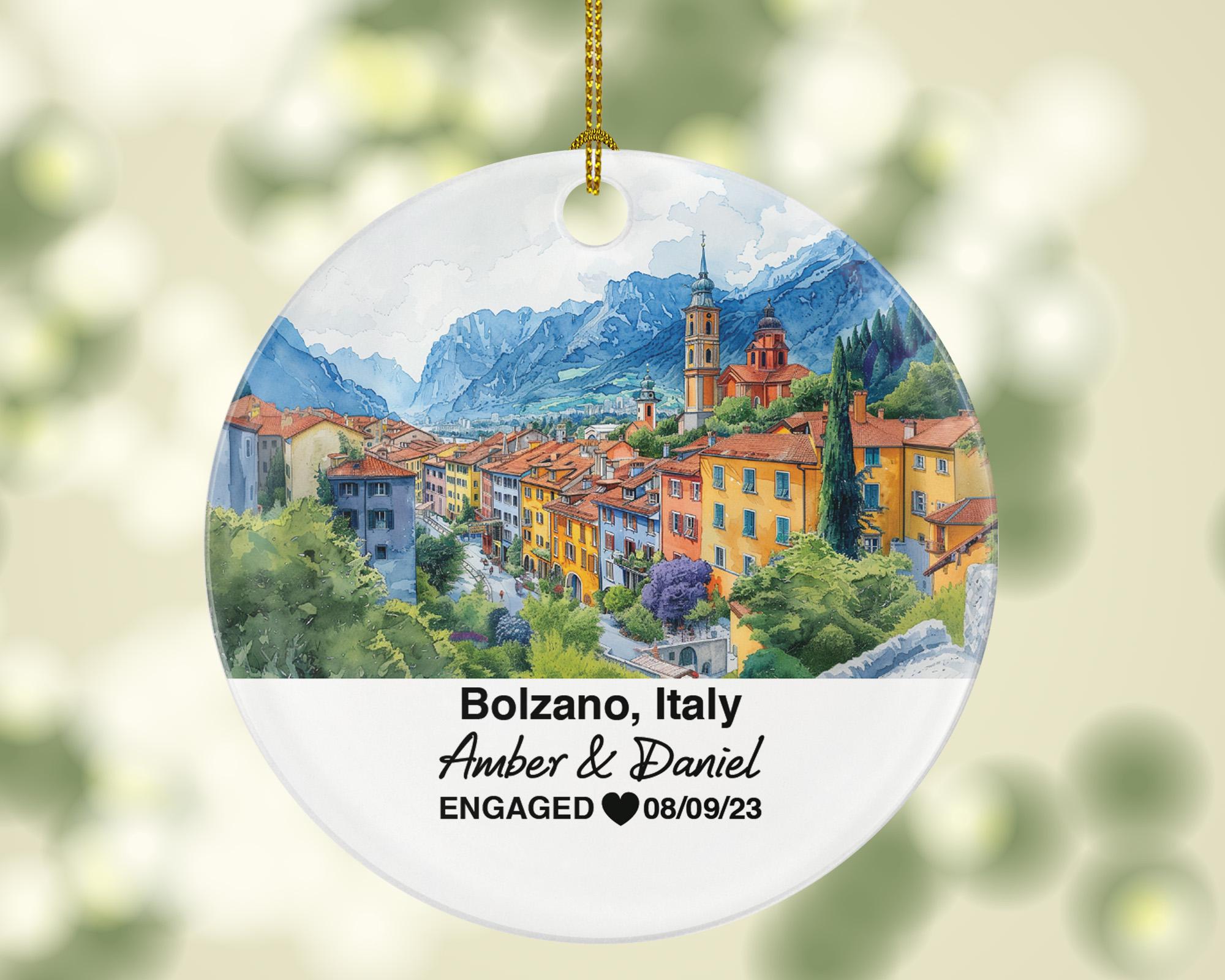 Personalized Bolzano Italy Christmas Ornament, Medieval Architecture, Wedding, Engagement, Mr & Mrs or Honeymoon Keepsake for Couples