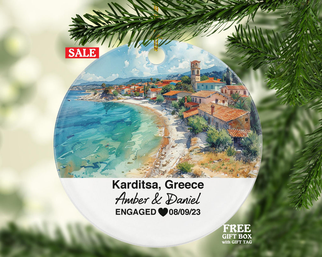 Karditsa Greece Round Ceramic Christmas Ornament – Personalized Holiday Keepsake, Custom Couple Gift for Wedding or Honeymoon