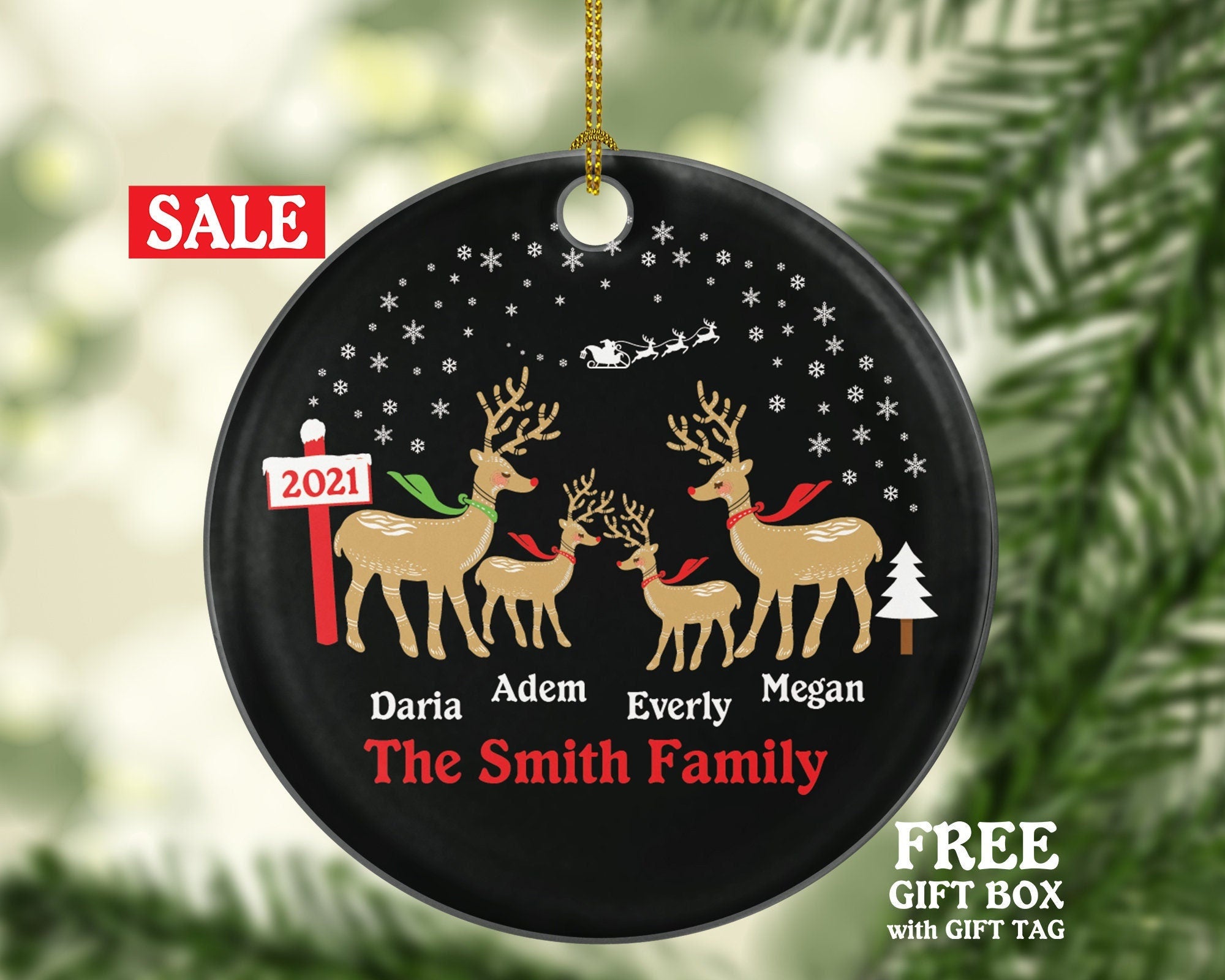 Family of 4 Personalized Christmas Ornament Four Xmas Reindeer Deer Mother Father New Baby Girl Boy Children Kids Wife Husband Name Gift
