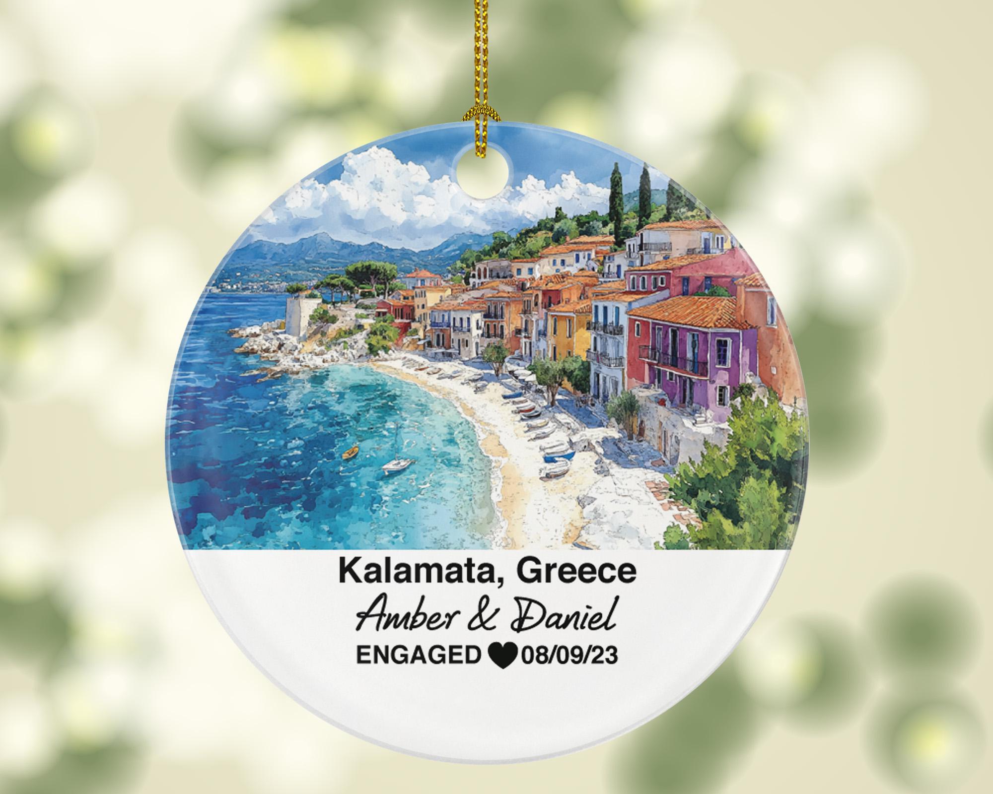 Kalamata Greece Round Ceramic Christmas Ornament – Personalized Holiday Keepsake, Custom Couple Gift for Wedding or Honeymoon