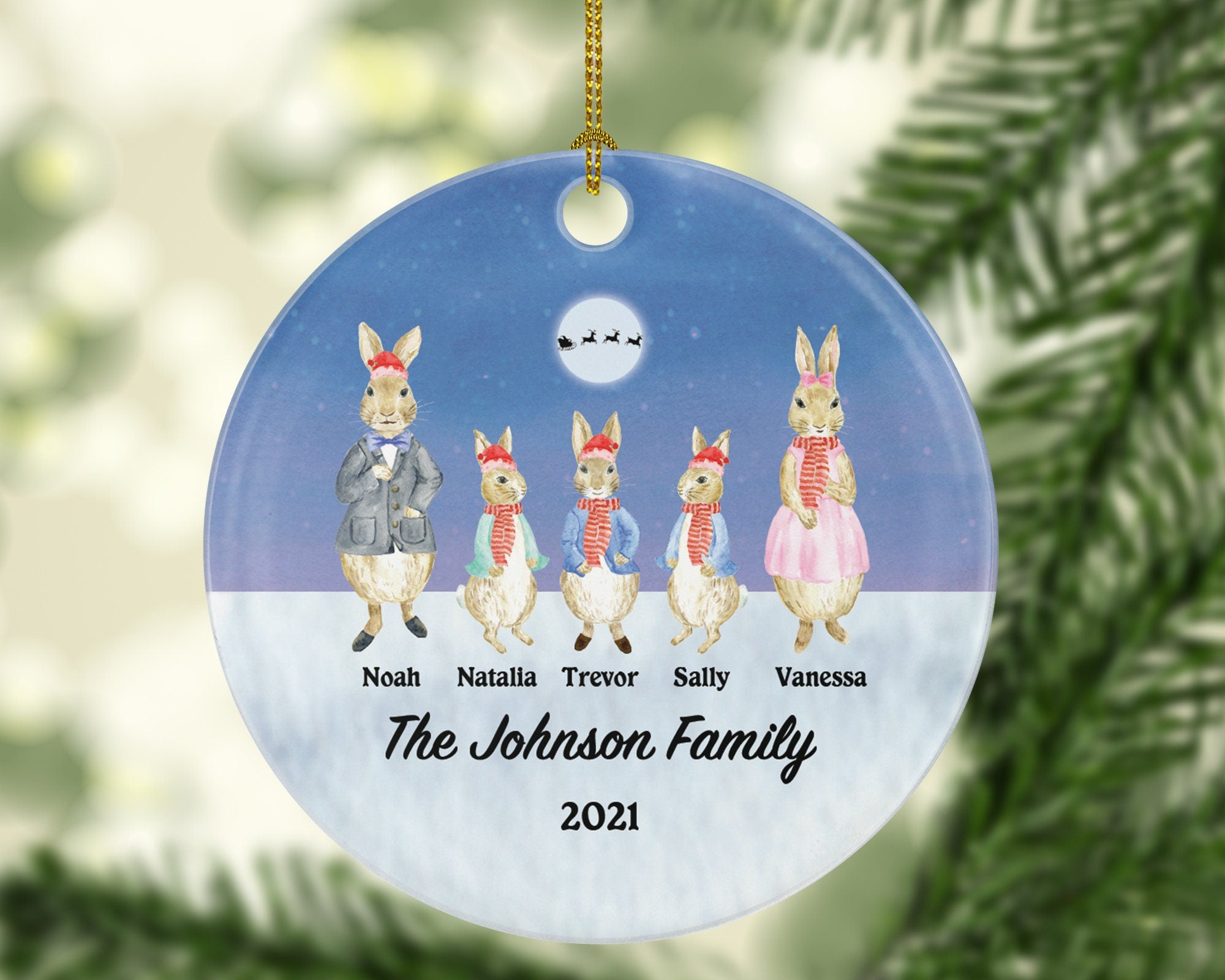 Family of 3 4 5 6 7 Personalized Christmas Ornament - Three Four Five Six Seven Custom Rabbit Mom Dad Kids Children Gift