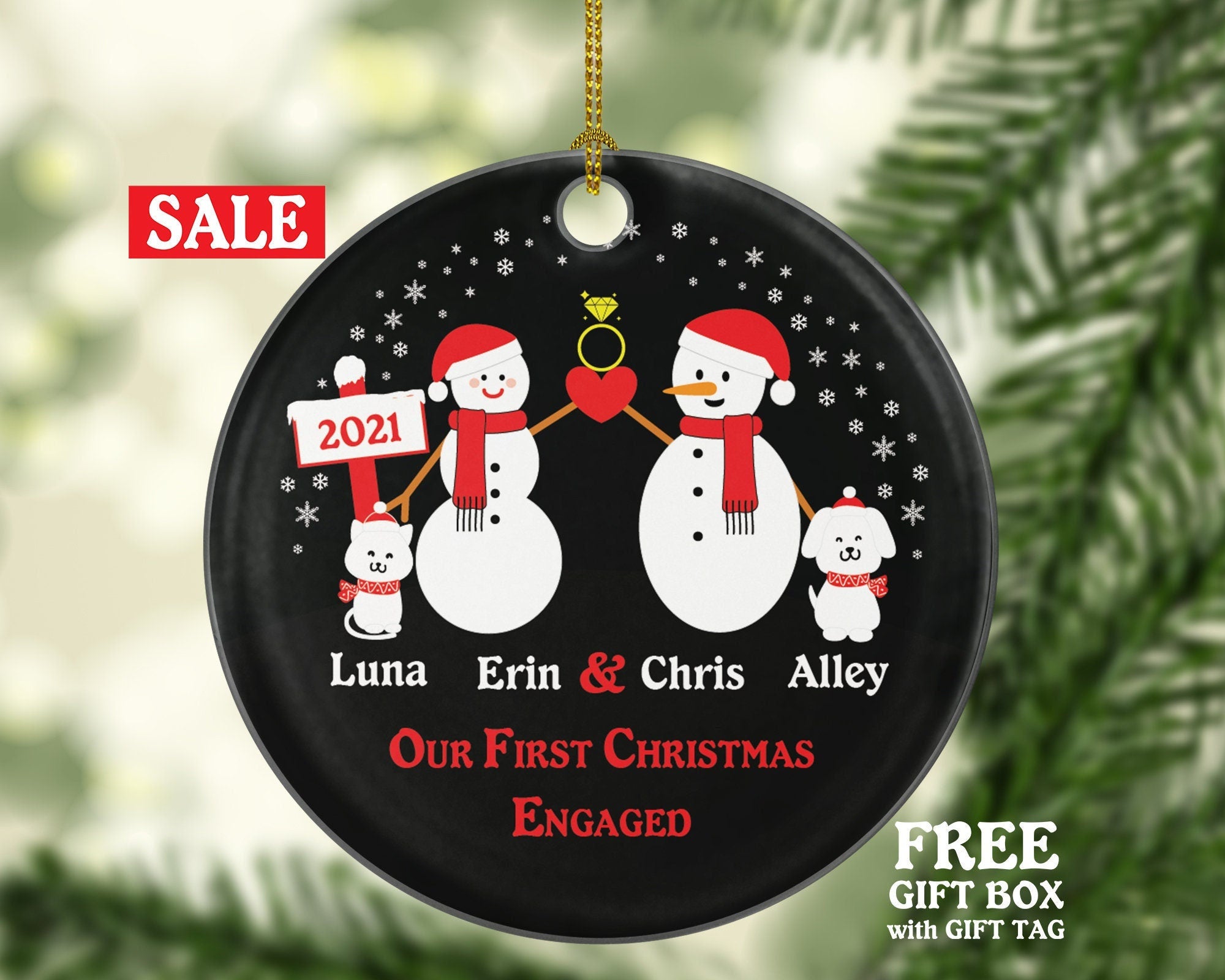 Personalized Engaged Ornament with Cat and Dog Pet, Engaged Couple Ornament, Our First Christmas Engaged Ornament, First Christmas