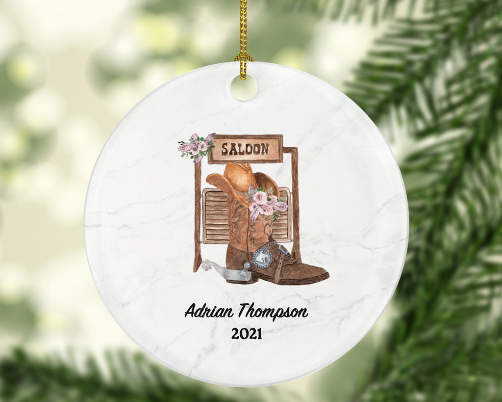 Western Cowboy Boot Hat Gun Scarf Christmas Ornament, Bull Rider Gift Rancher Texas Cowgirl Farm Personalized Xmas Present