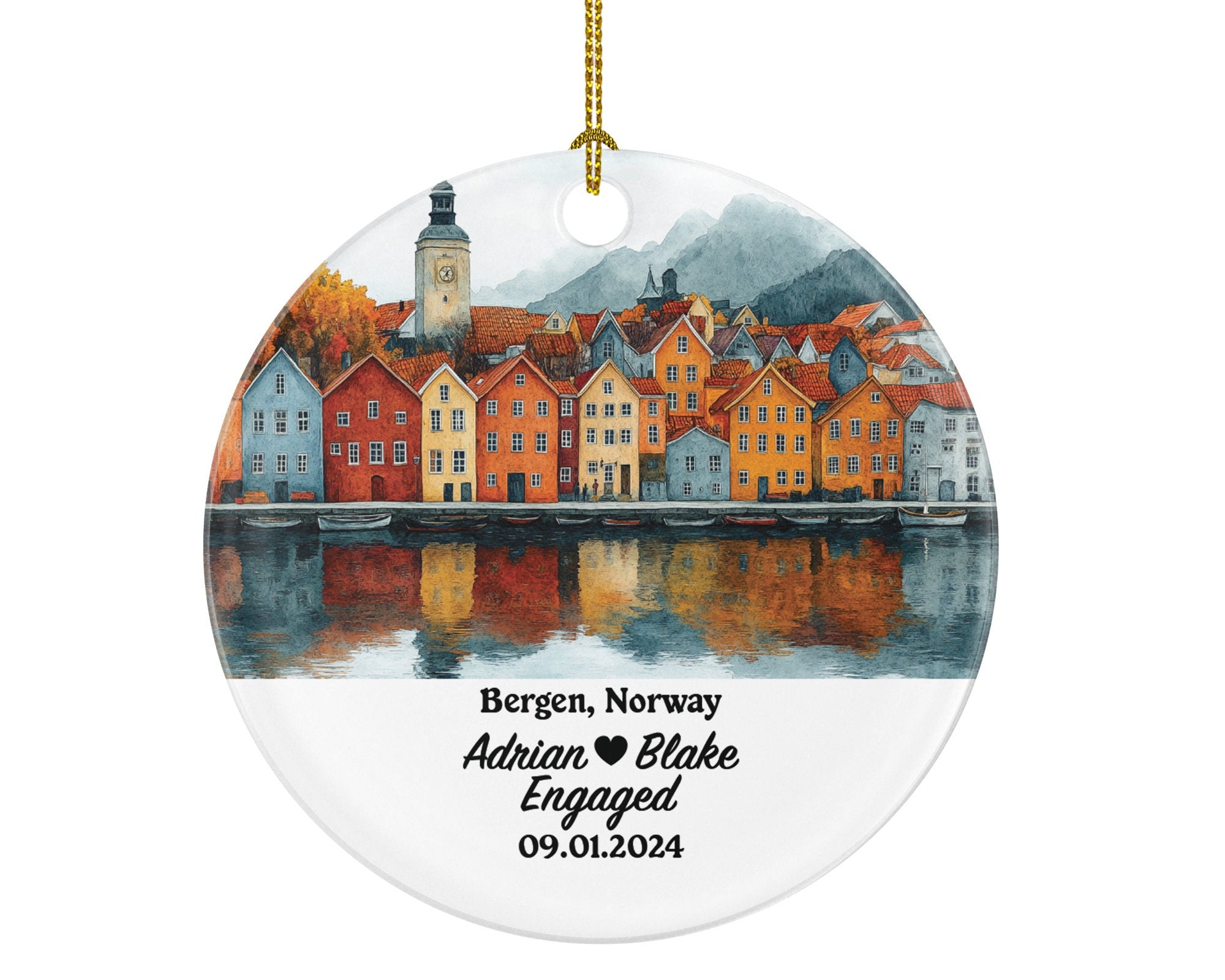 Bergen Christmas Ornament Personalized - Norway Engaged Married Family Together Couple Travel Honeymoon Engagement Marriage