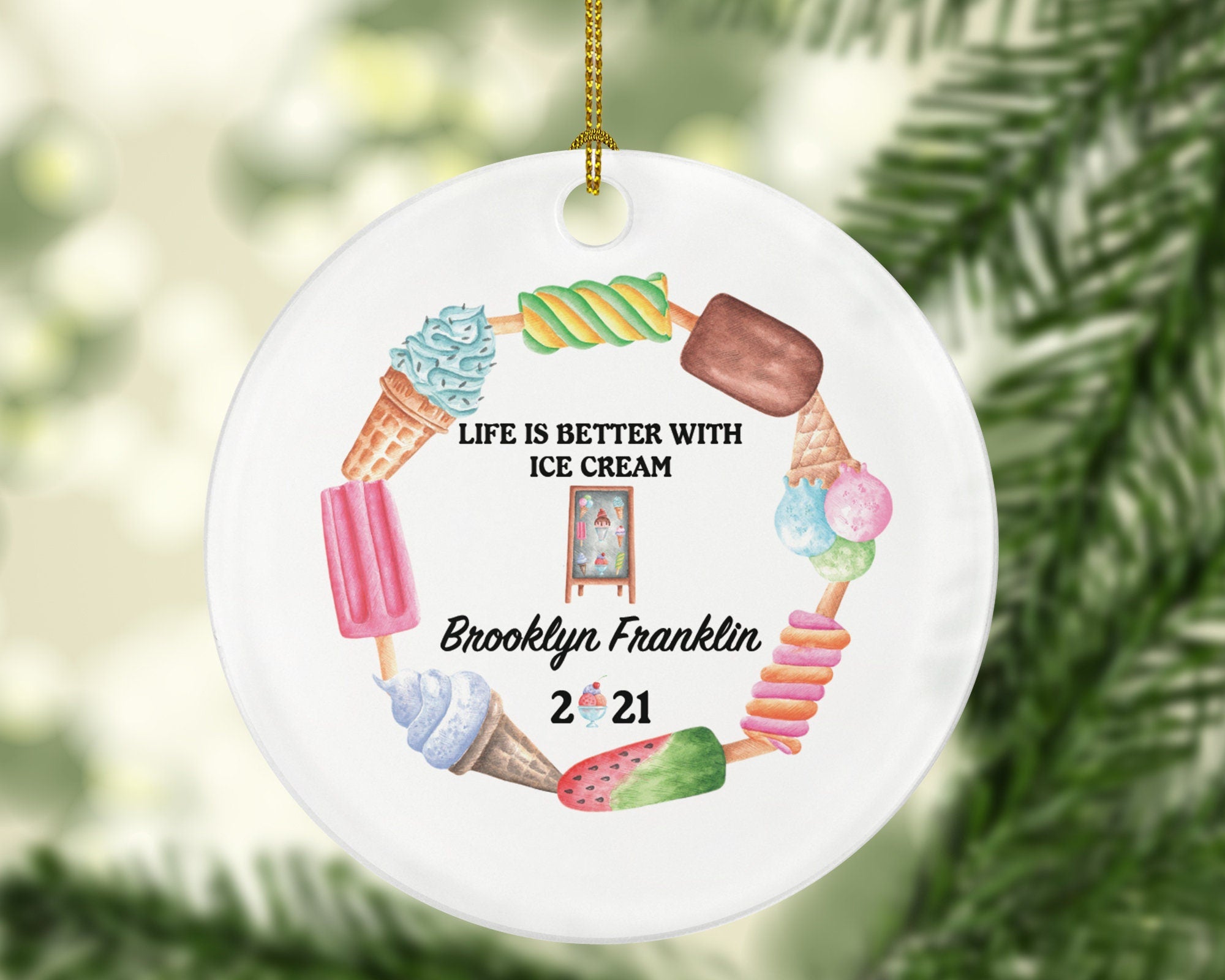 Ice Cream Shop Truck Owner Worker Waitress Christmas Ornament - Personalized Gift for Ice Cream Lover Custom Name Boss Employee