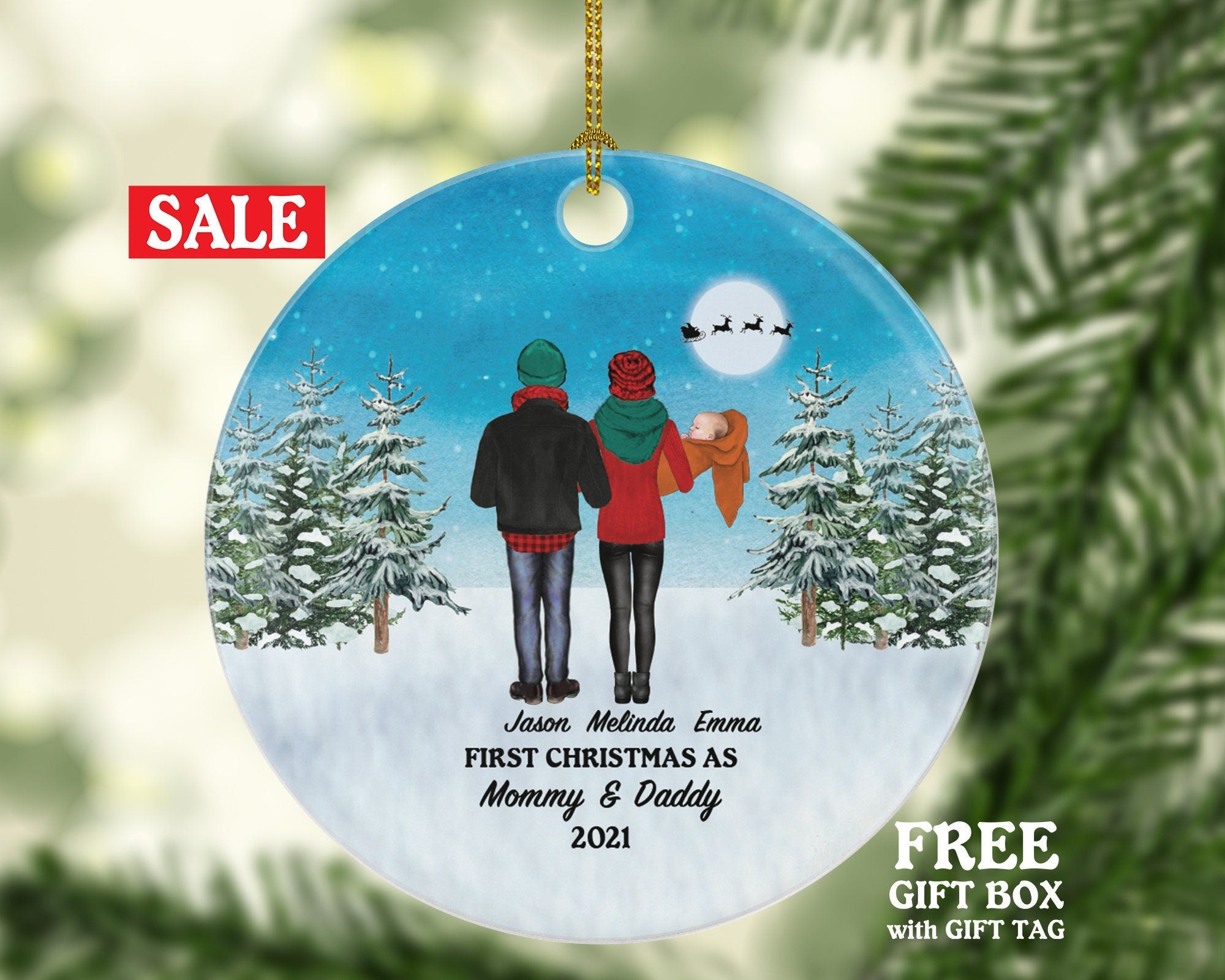 First Christmas as Mommy and Daddy Ornament - New Baby Girl Boy Parents Mother Father Mom Dad Gift Portrait Kid Child Infant Our Family of 3