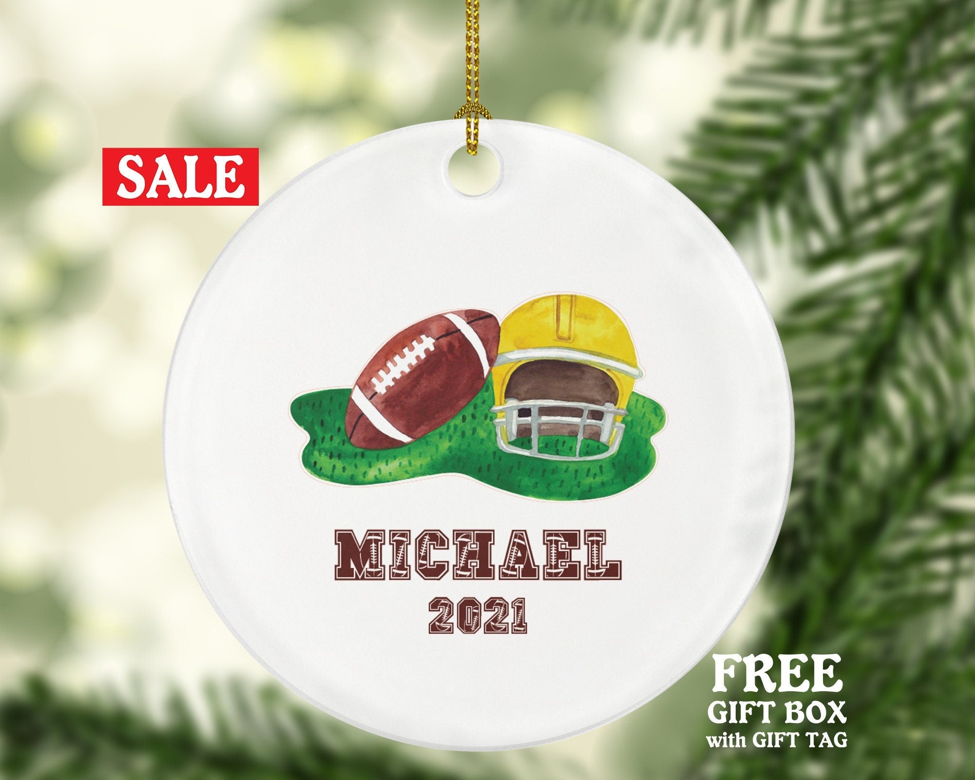 Football Rugby Team Player Gamer Personalized Christmas Ornament - Sports Match Boys Senior Gift Ornament Helmet Field Custom Name