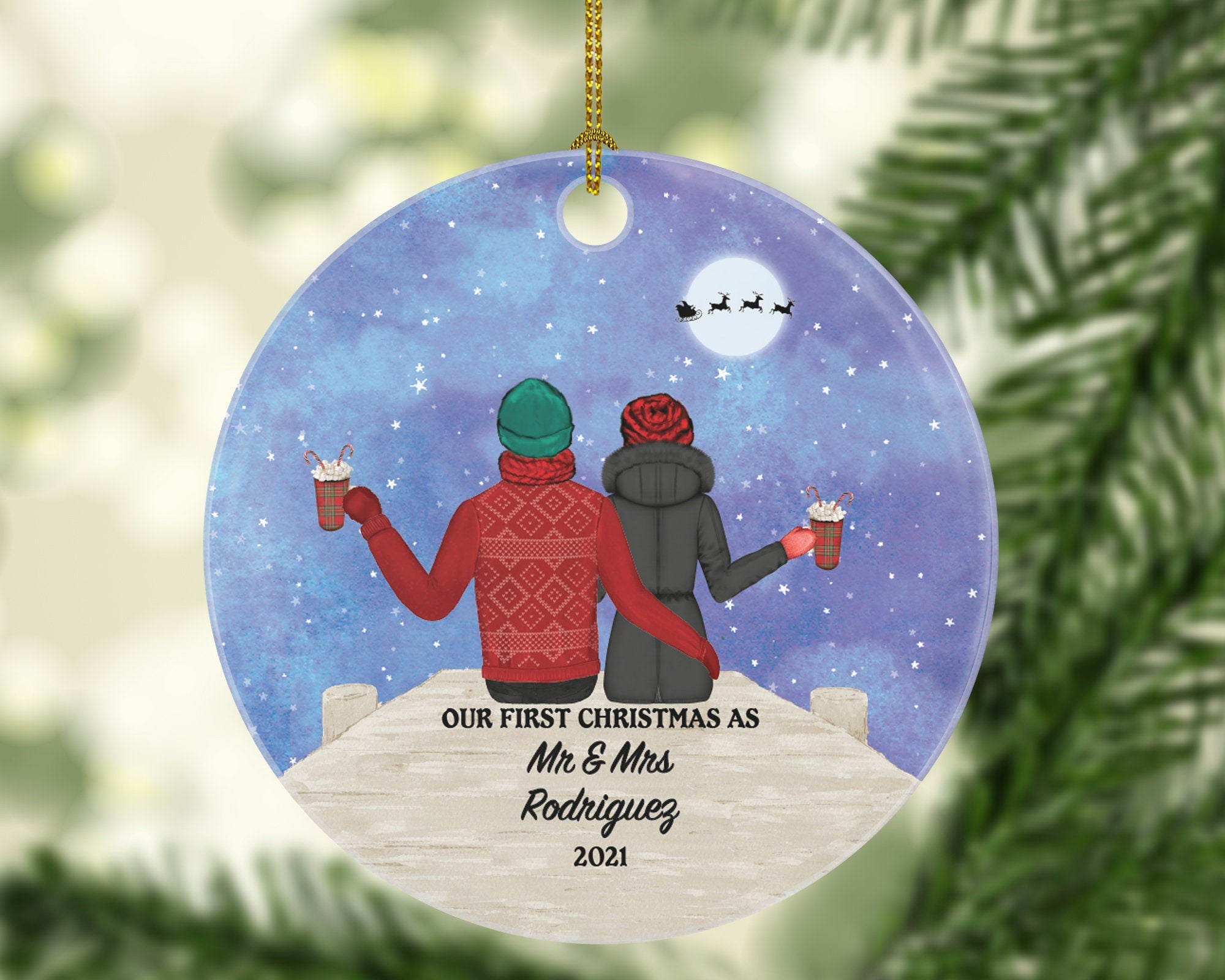 Our First Christmas as Mr & Mrs Couple Personalized Ornament - Custom Newlywed Mr. and Mrs. Wedding Just Married Marriage Gift