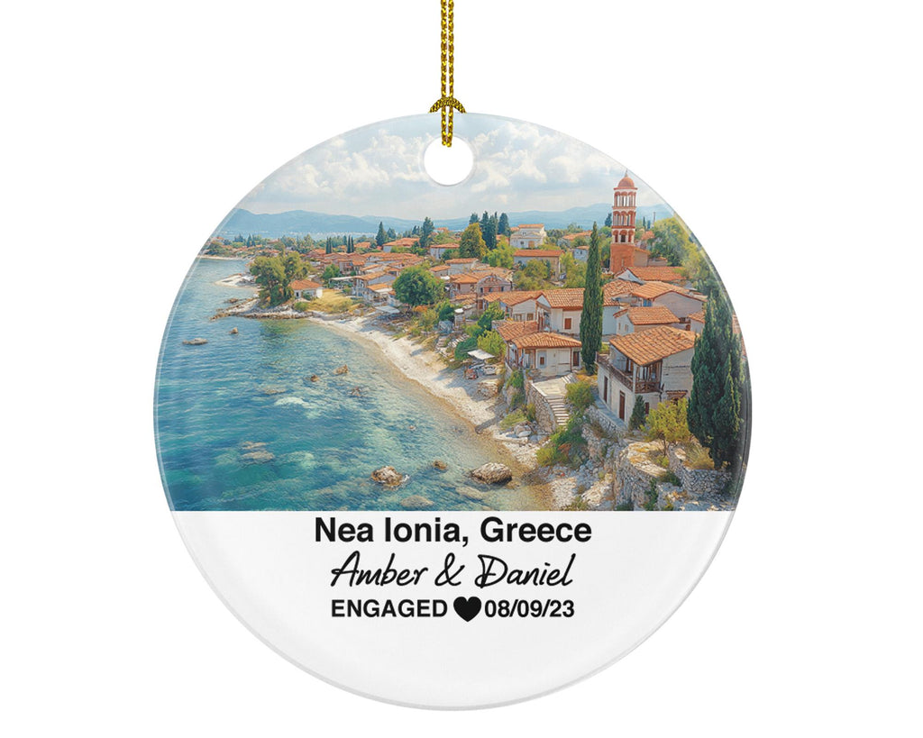 Nea Ionia Greece Round Ceramic Christmas Ornament – Personalized Holiday Keepsake, Custom Couple Gift for Wedding or Honeymoon