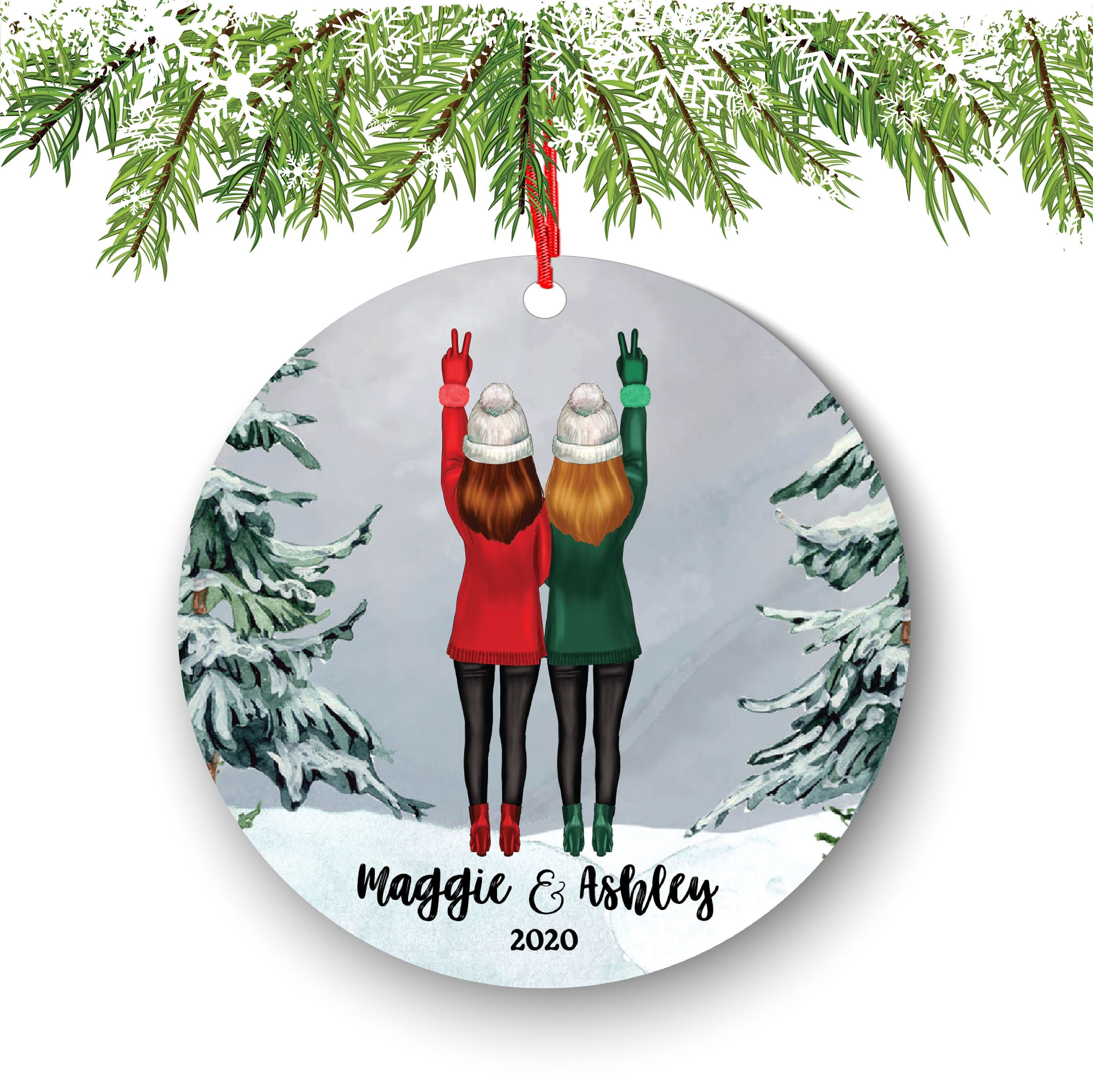 Soul Sisters for 2 Best Friends Christmas Ornament Personalized BFF Gift Custom Female Friends Besties Portrait Snow Forest Girl My Person