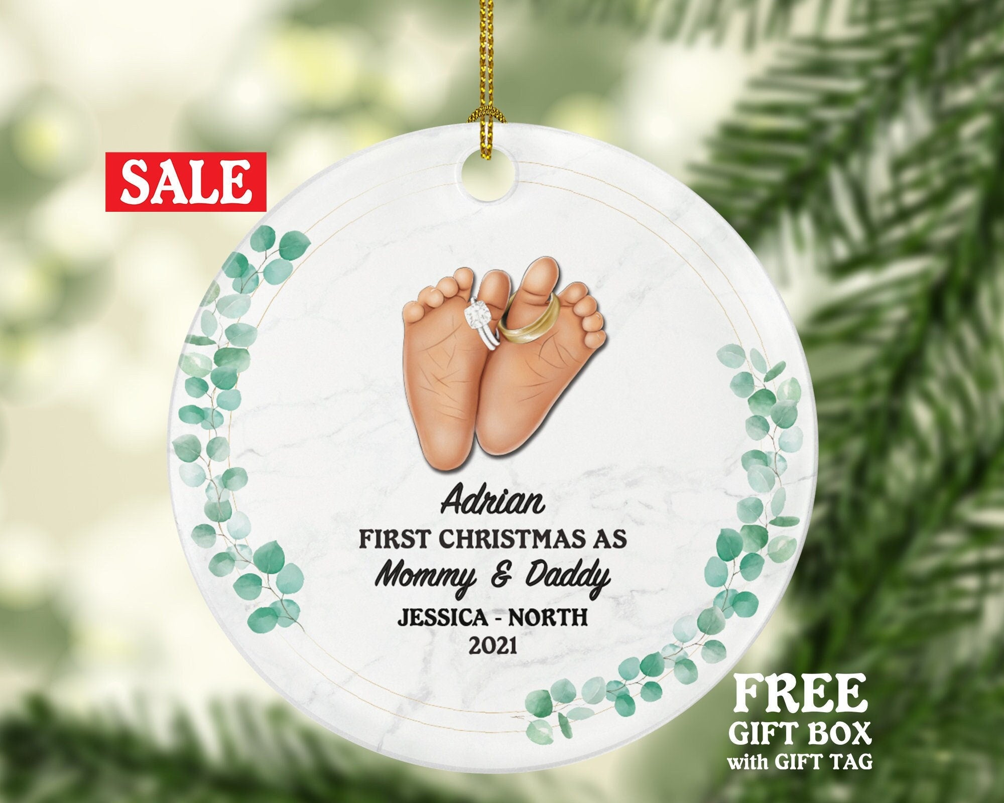 First Christmas as Mommy and Daddy Ornament - New Baby Girl Boy Parents Mother Father Mom Dad Our Family Gift Infant Feet with Rings