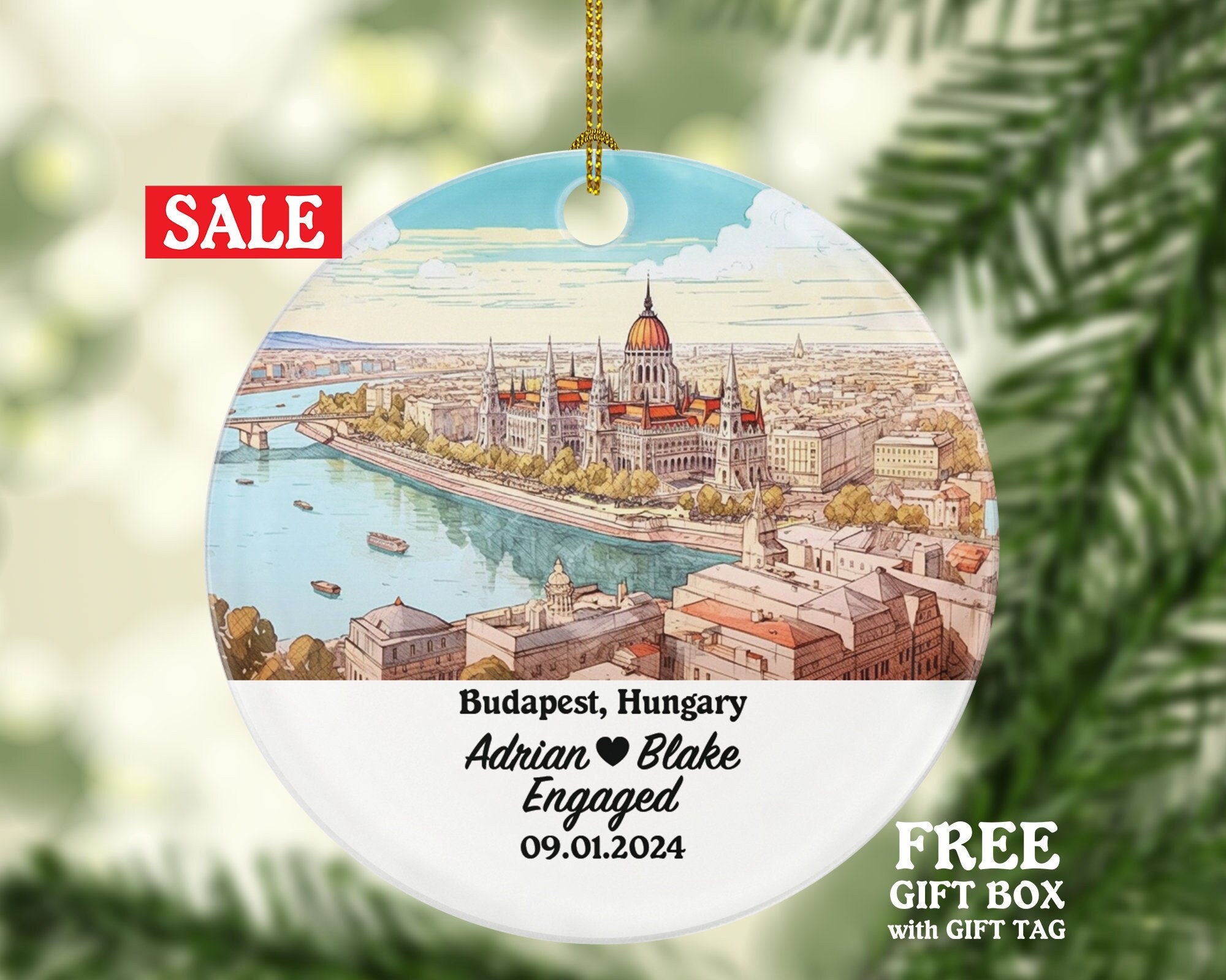 Budapest Christmas Ornament Personalized - Hungary Engaged Married Family Together Couple Travel Honeymoon Engagement Marriage