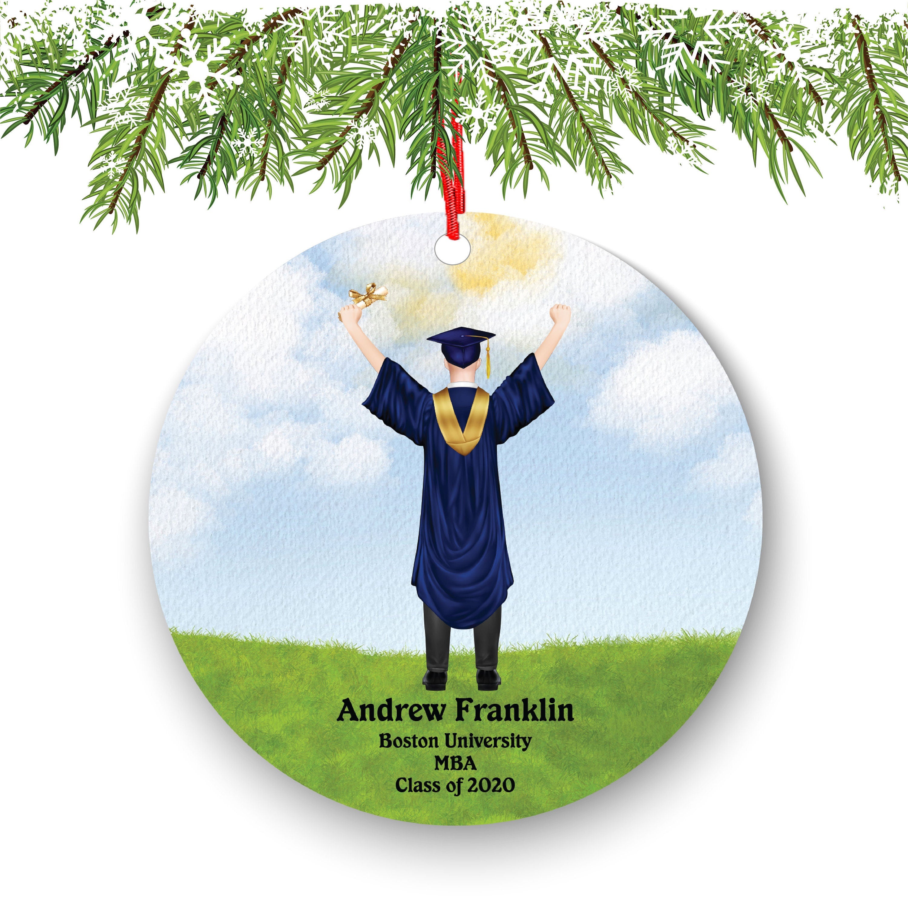 Personalized Graduation Christmas Ornament Class of 2020 2021 for Custom Graduate Male Masters Bachelor Doctorate College High School Degree