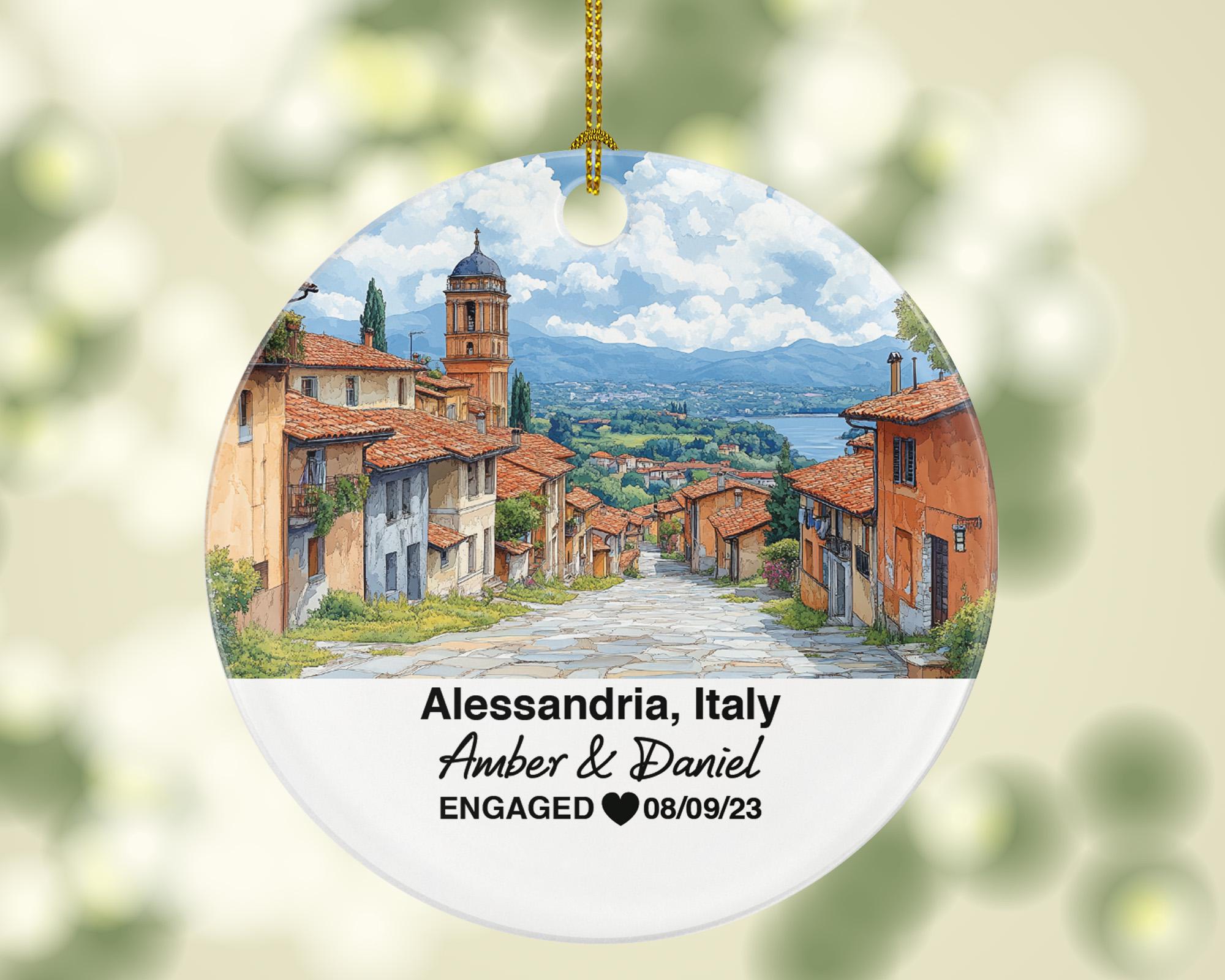 Personalized Alessandria Italy Christmas Ornament, Tanaro River, Mr & Mrs Wedding, Engagement, or Honeymoon Keepsake for Couples