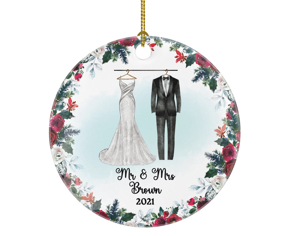 Mr & Mrs Wedding Gown Personalized Ornament - Just Married Newlywed Custom First Christmas as Mr. and Mrs. Marriage - Bride Groom Dress