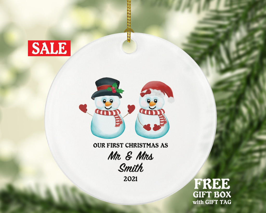 First Christmas as Mr & Mrs Married Couple Christmas Ornament Personalized - Newlywed Mr. and Mrs. Wedding Gift - Snowmen