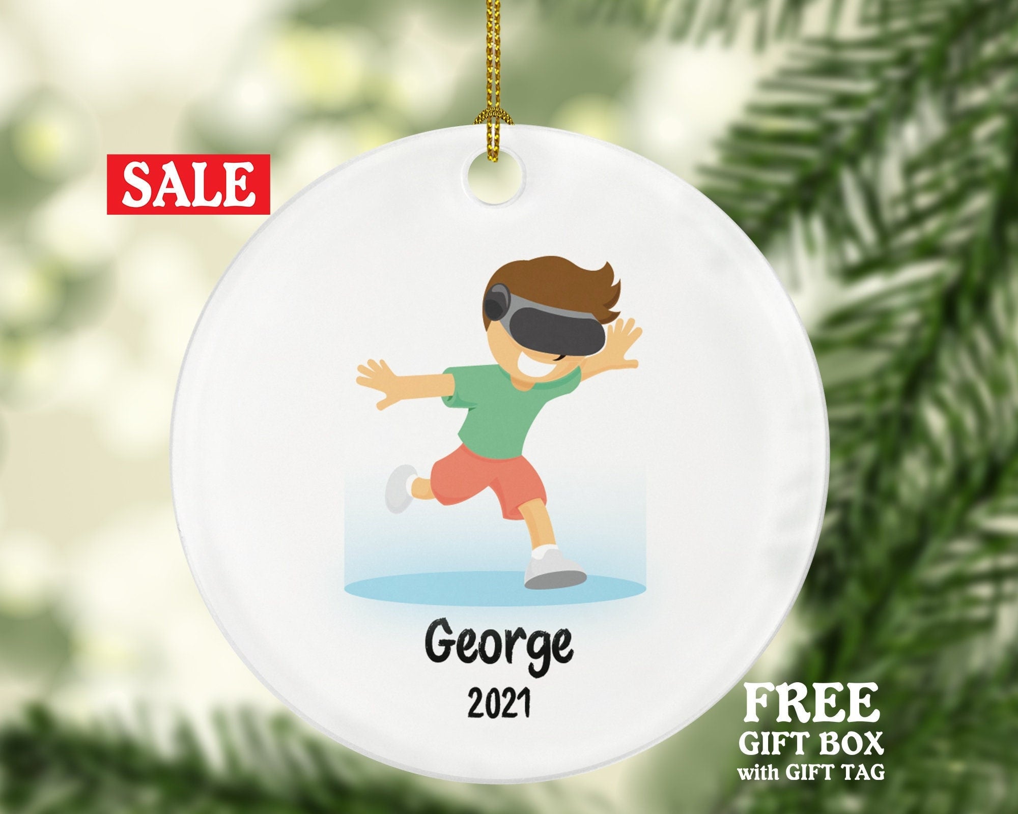 Virtual Reality Male Personalized Christmas Ornament Child for Tree Boy Kid Brown White Skin Hair Blonde Dark Black Video Gamer Game Gift