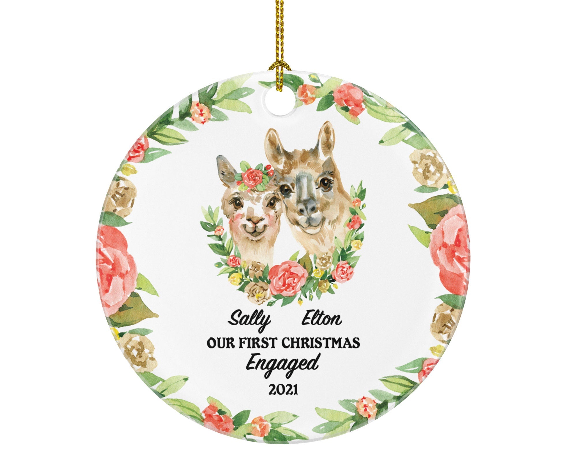 Our First Christmas Engaged Ornament - Personalized Engagement Announcement Gift - Llama Couple